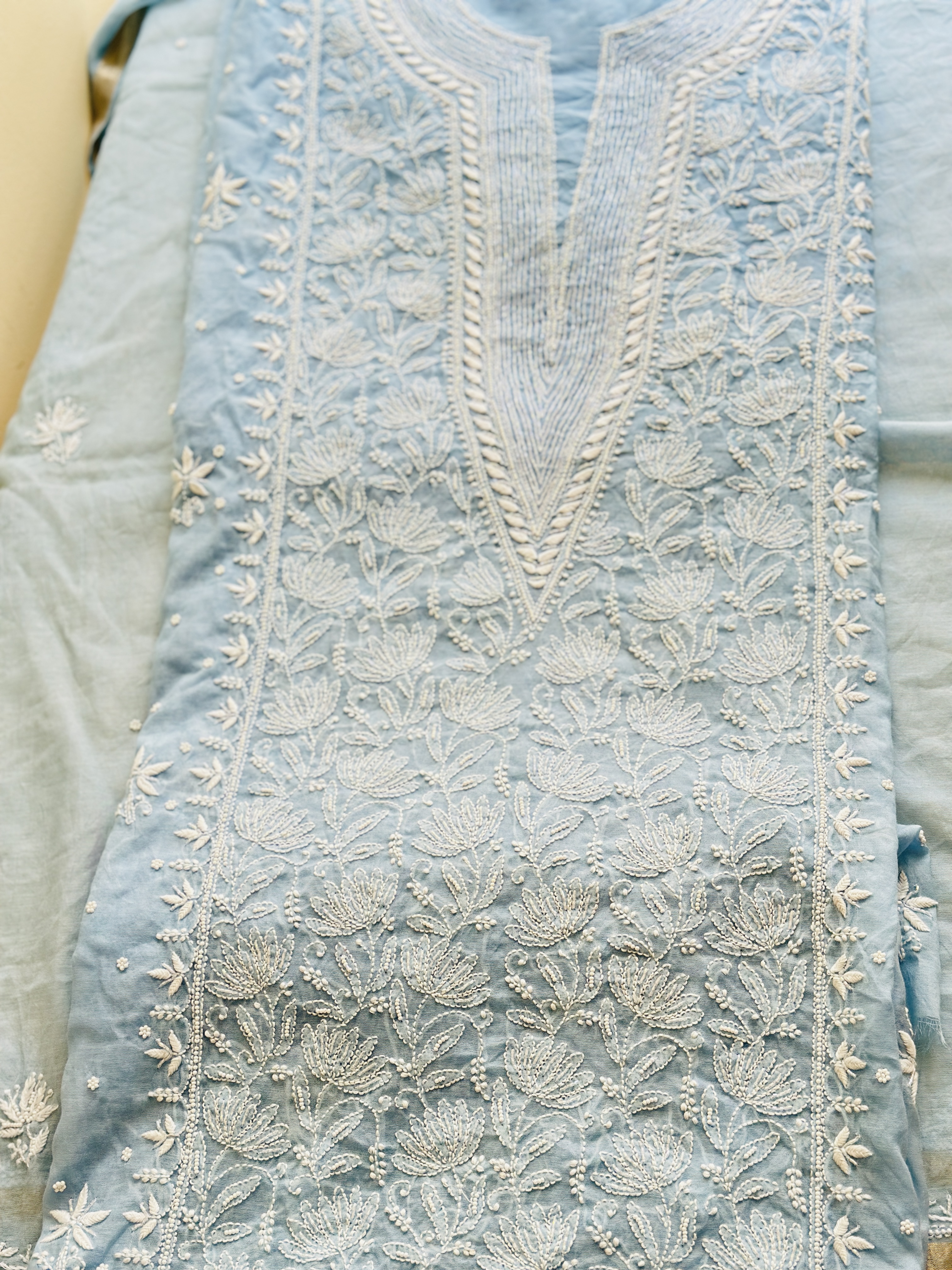 Ice Blue Pure Mul Chanderi Pearl Front Jaal Chikan Kurta and Dupatta Set