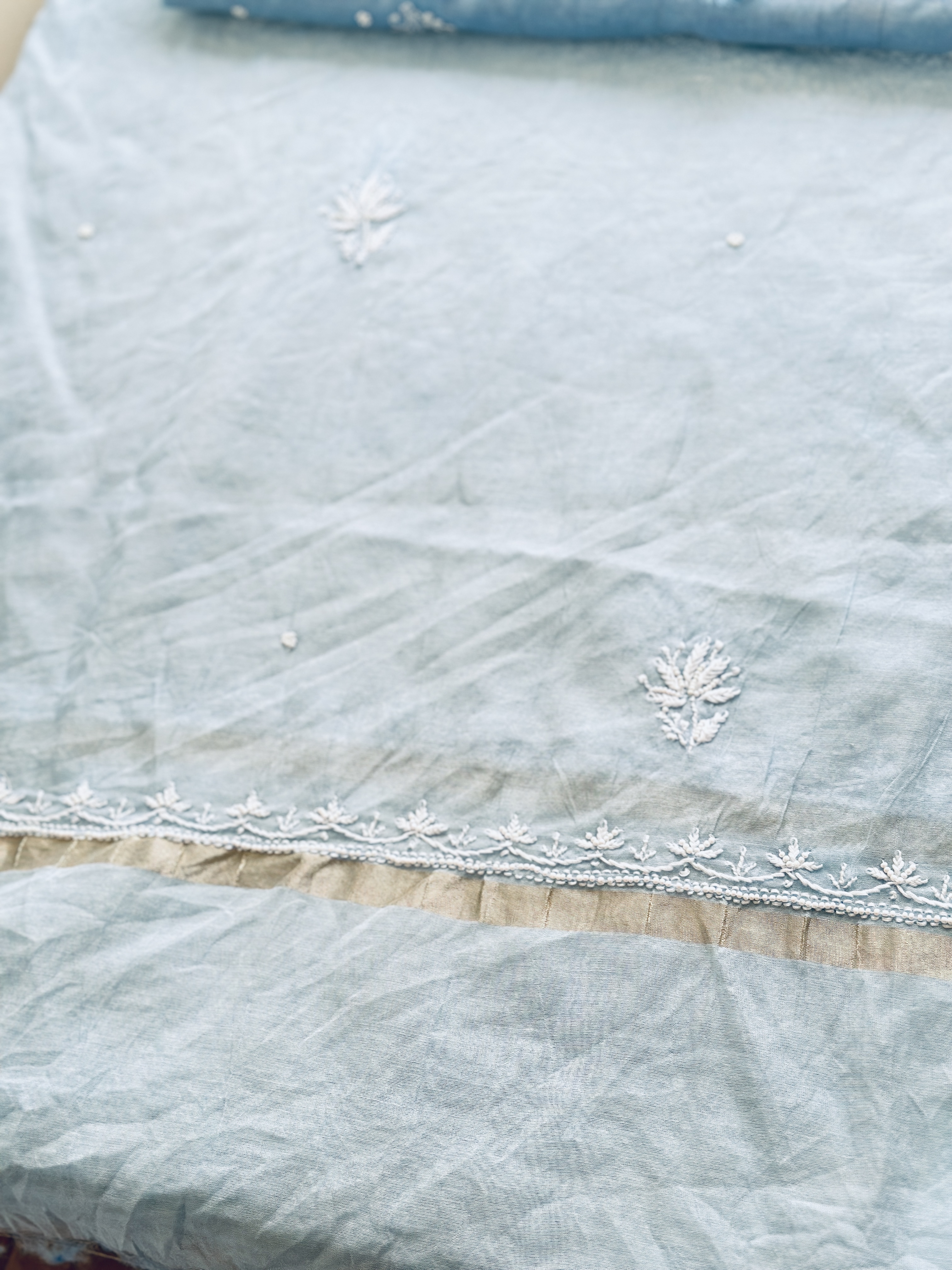 Ice Blue Pure Mul Chanderi Pearl Front Jaal Chikan Kurta and Dupatta Set