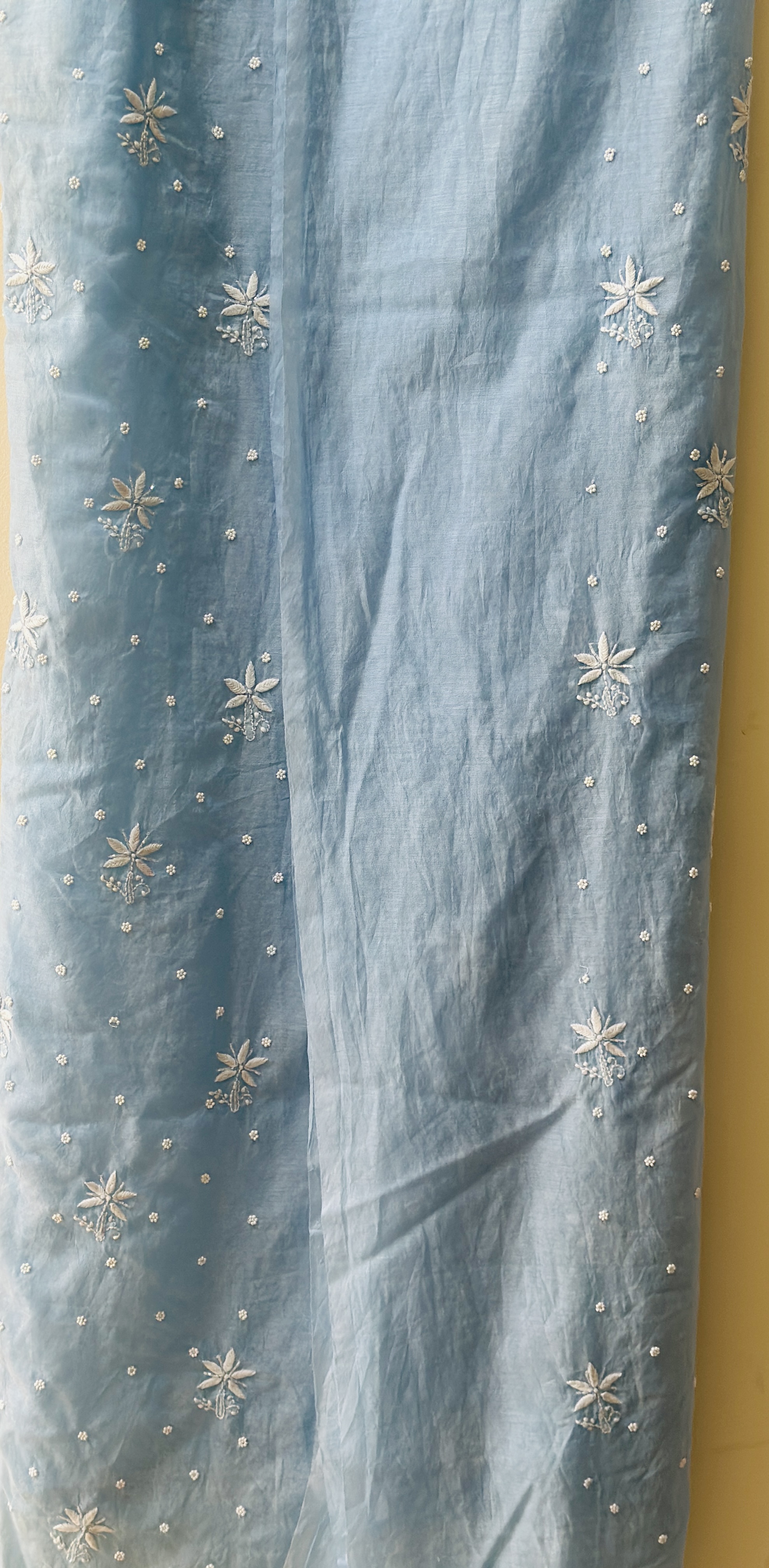 Ice Blue Pure Mul Chanderi Pearl Front Jaal Chikan Kurta and Dupatta Set