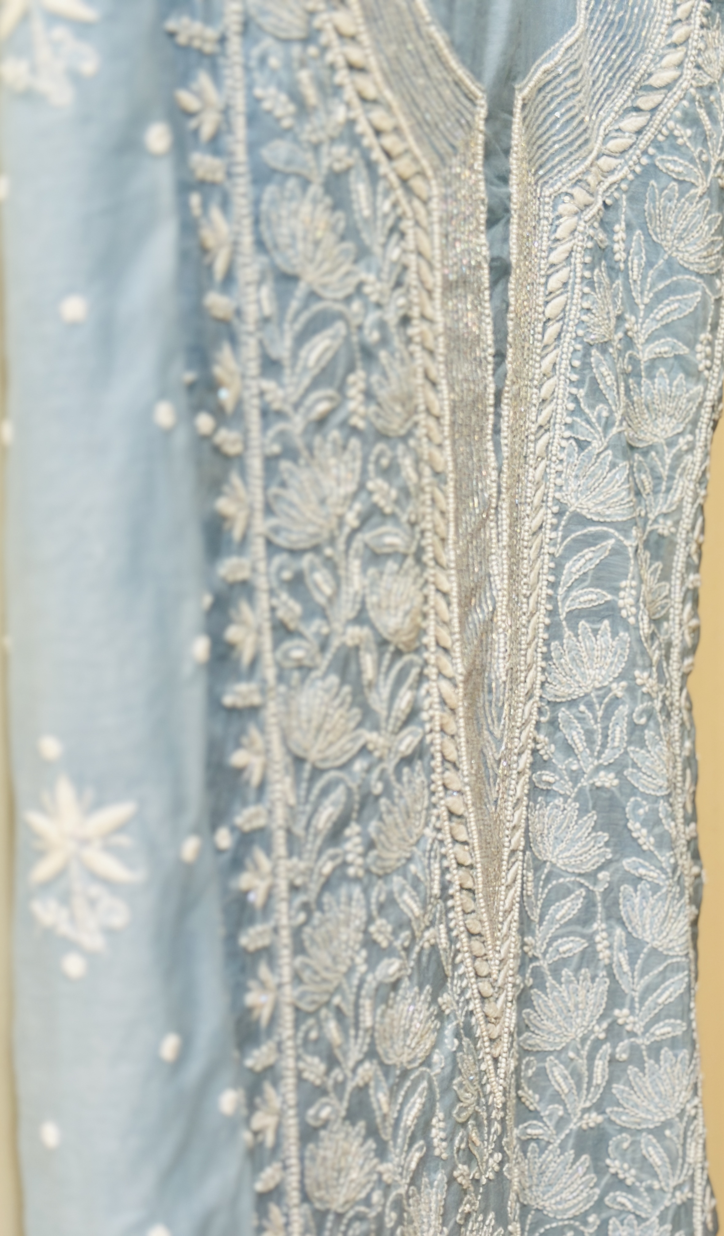 Ice Blue Pure Mul Chanderi Pearl Front Jaal Chikan Kurta and Dupatta Set