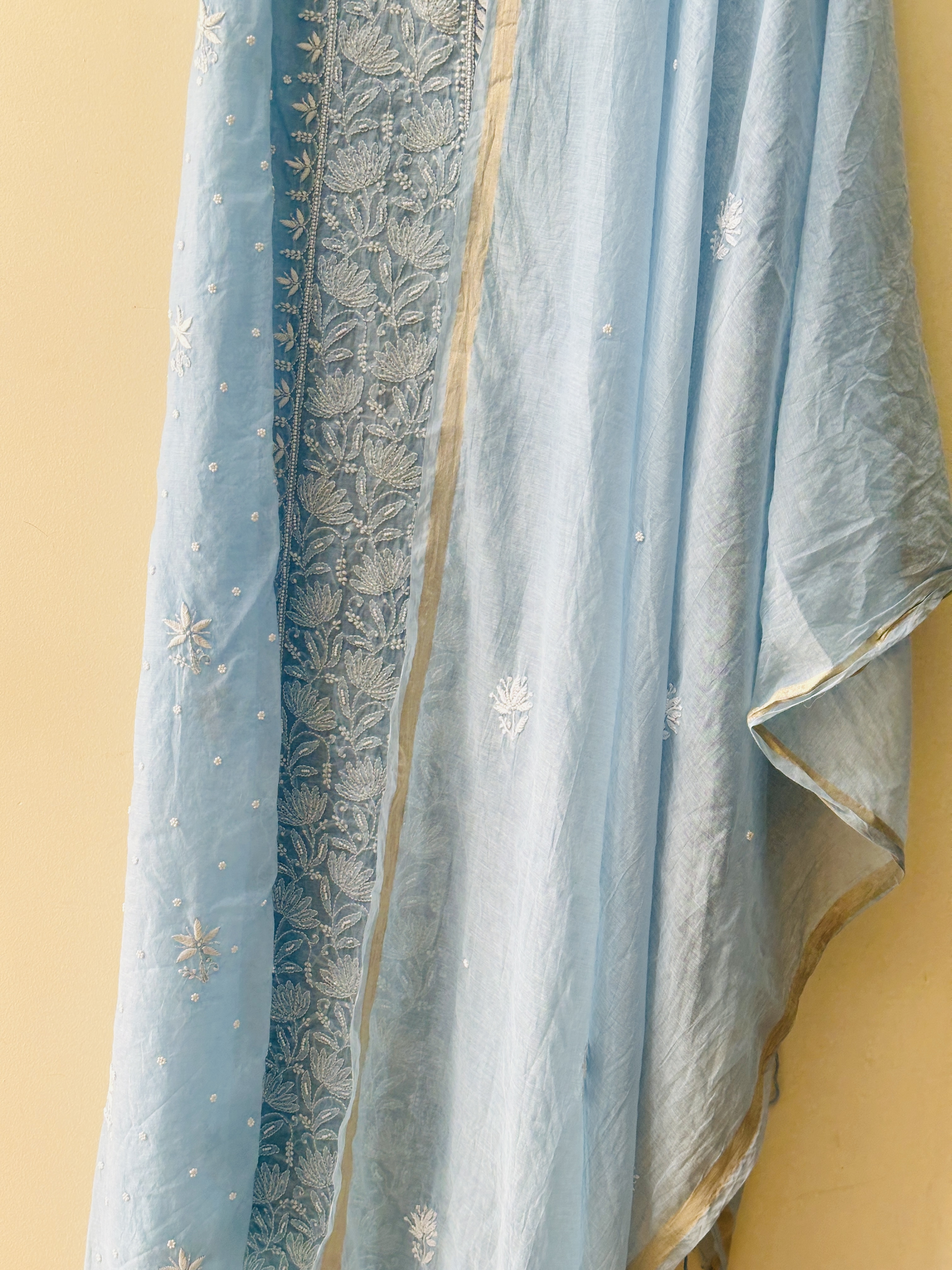 Ice Blue Pure Mul Chanderi Pearl Front Jaal Chikan Kurta and Dupatta Set