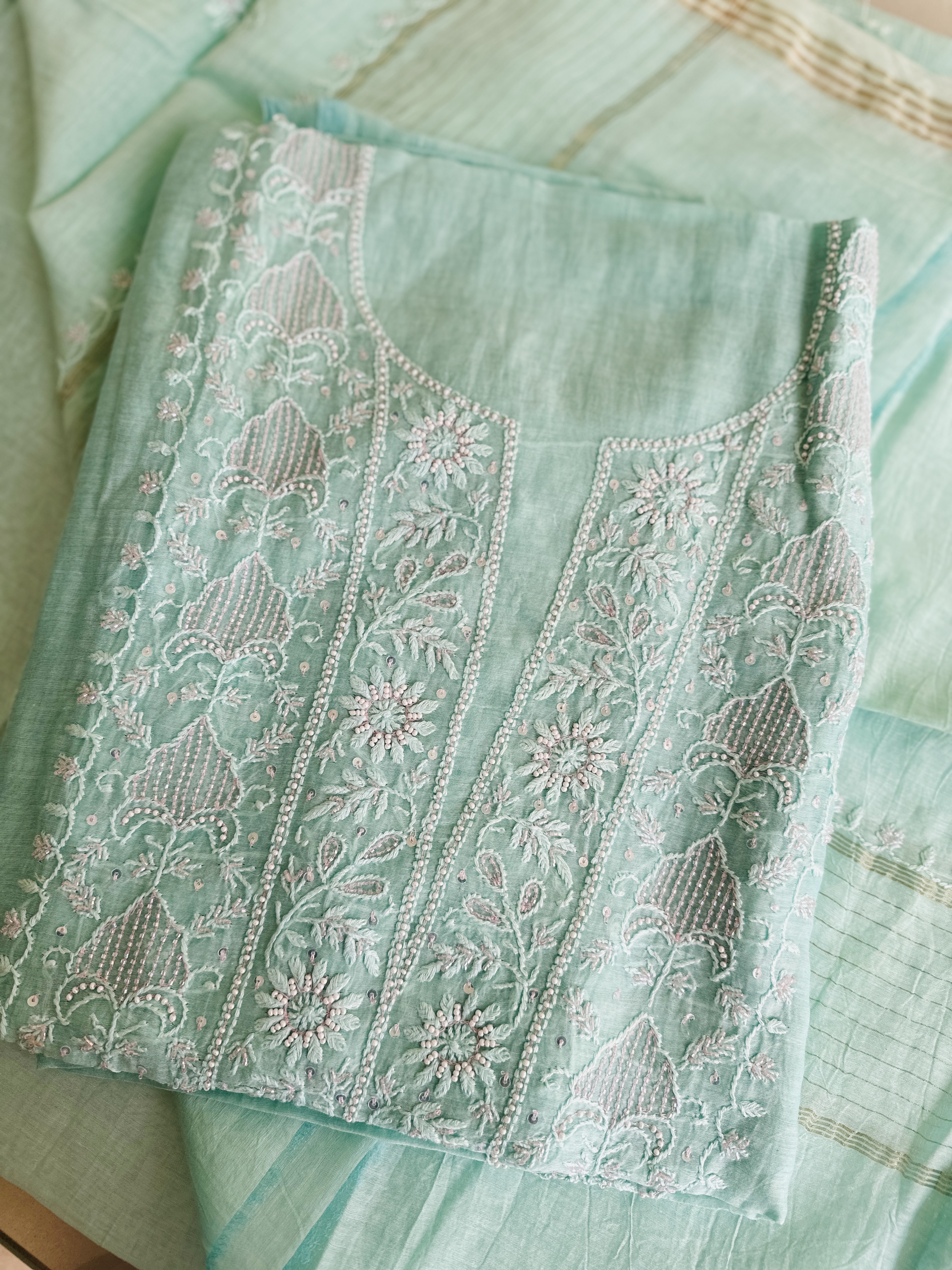Sea Green Pure Mul Chanderi Chikan Kurta and Dupatta Set