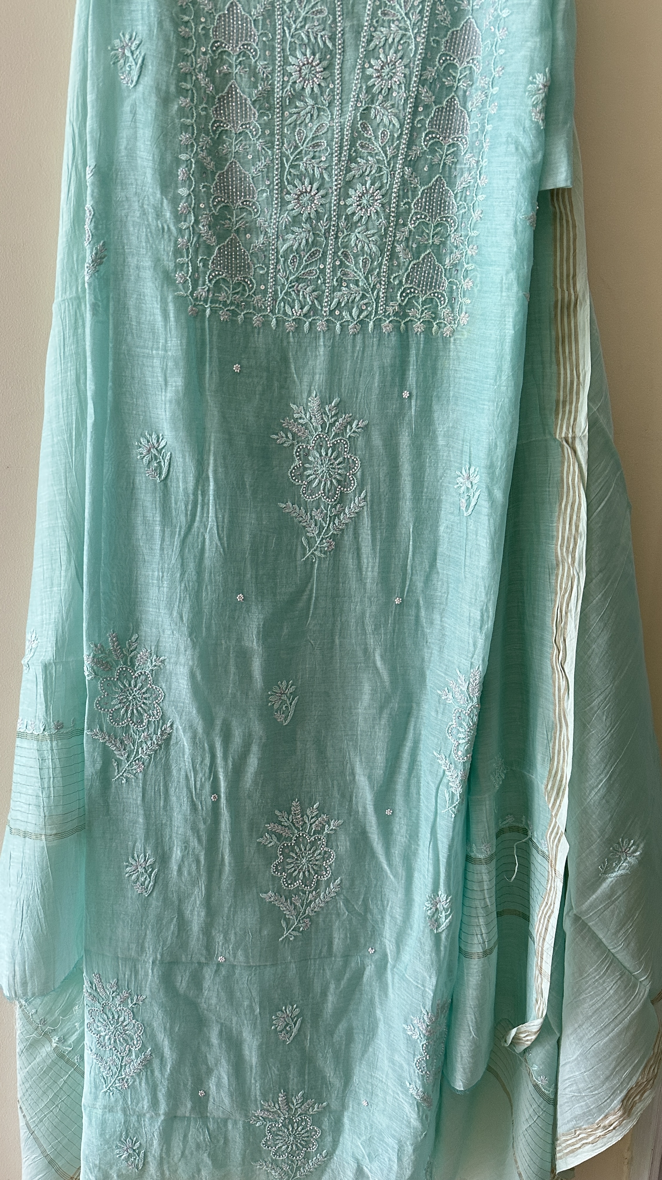 Sea Green Pure Mul Chanderi Chikan Kurta and Dupatta Set