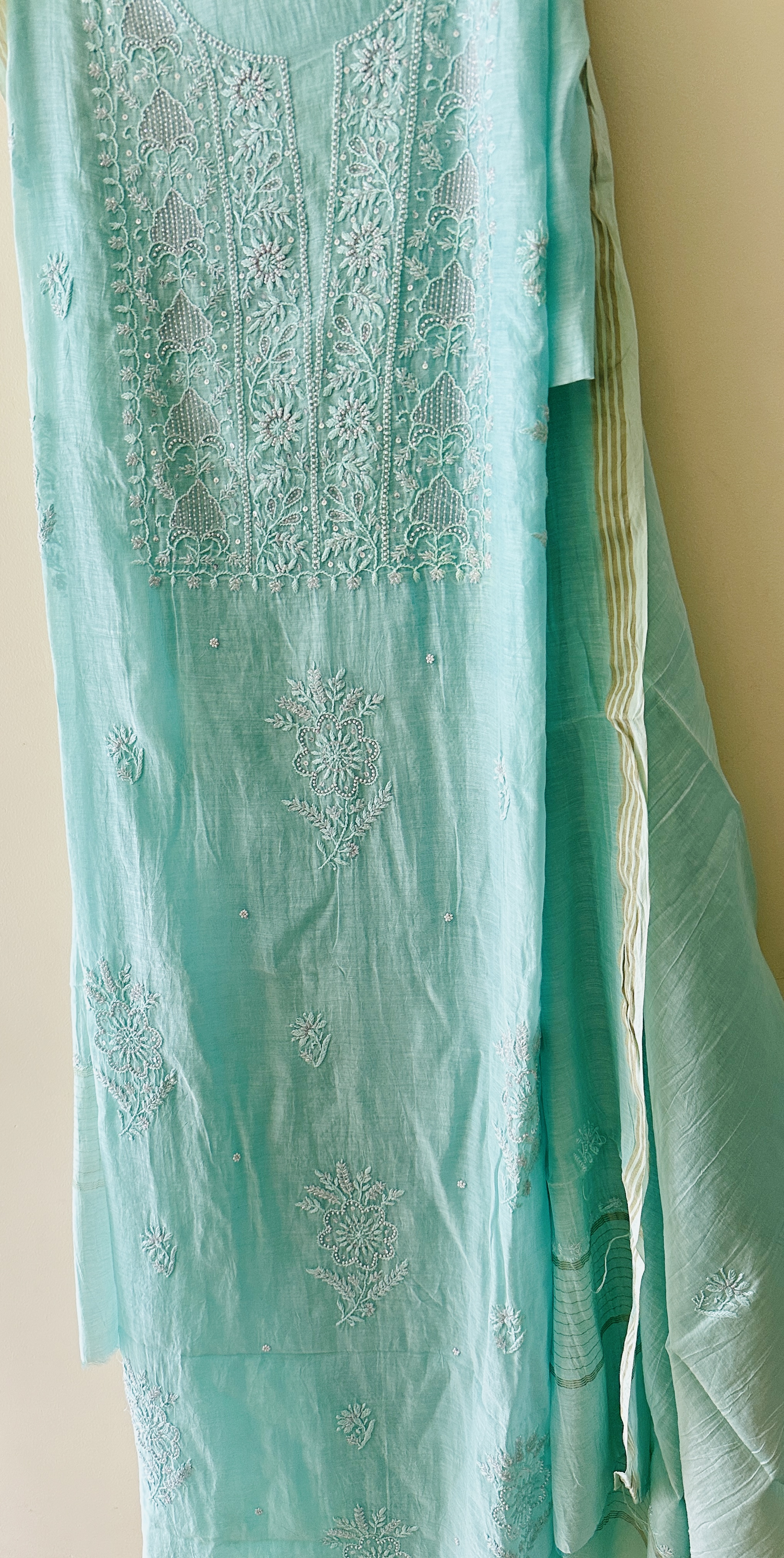 Sea Green Pure Mul Chanderi Chikan Kurta and Dupatta Set