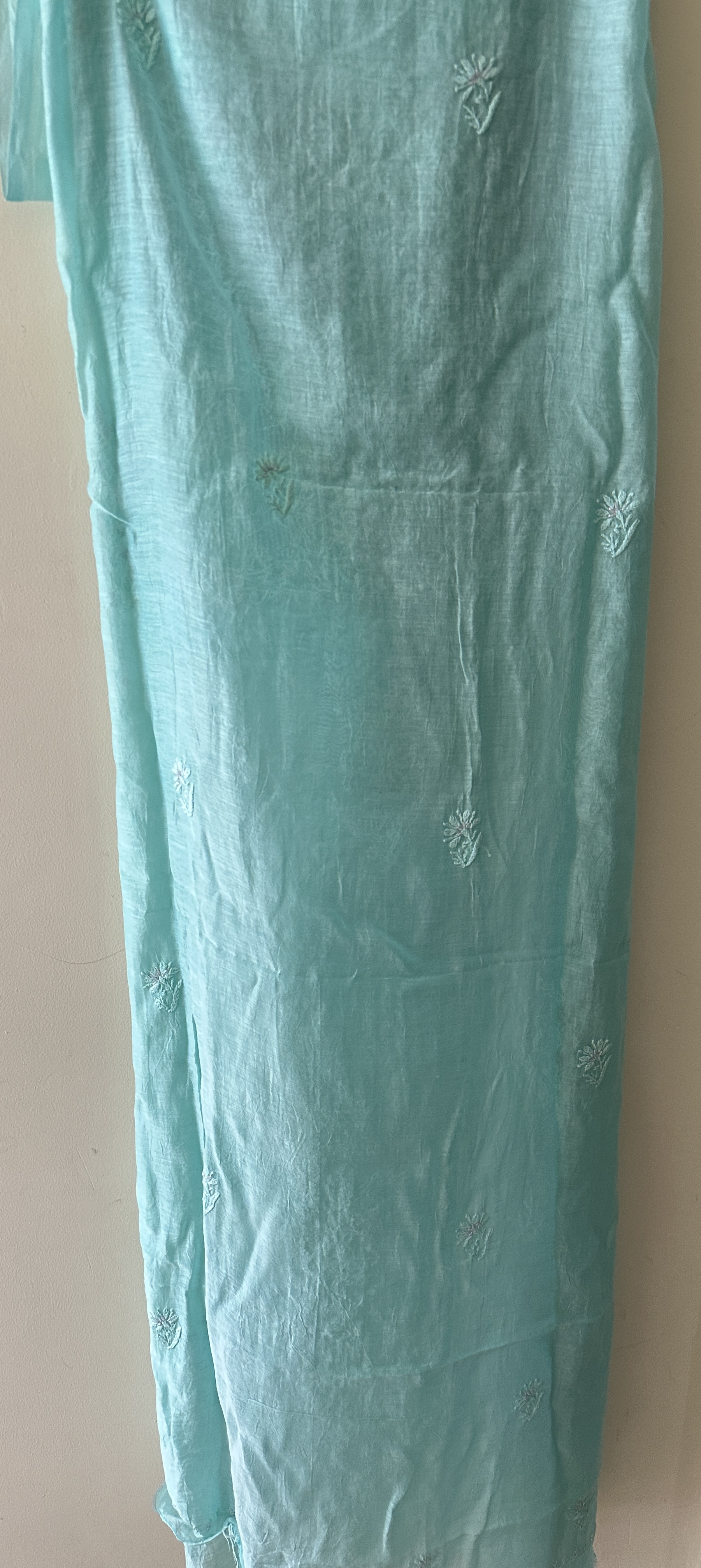 Sea Green Pure Mul Chanderi Chikan Kurta and Dupatta Set
