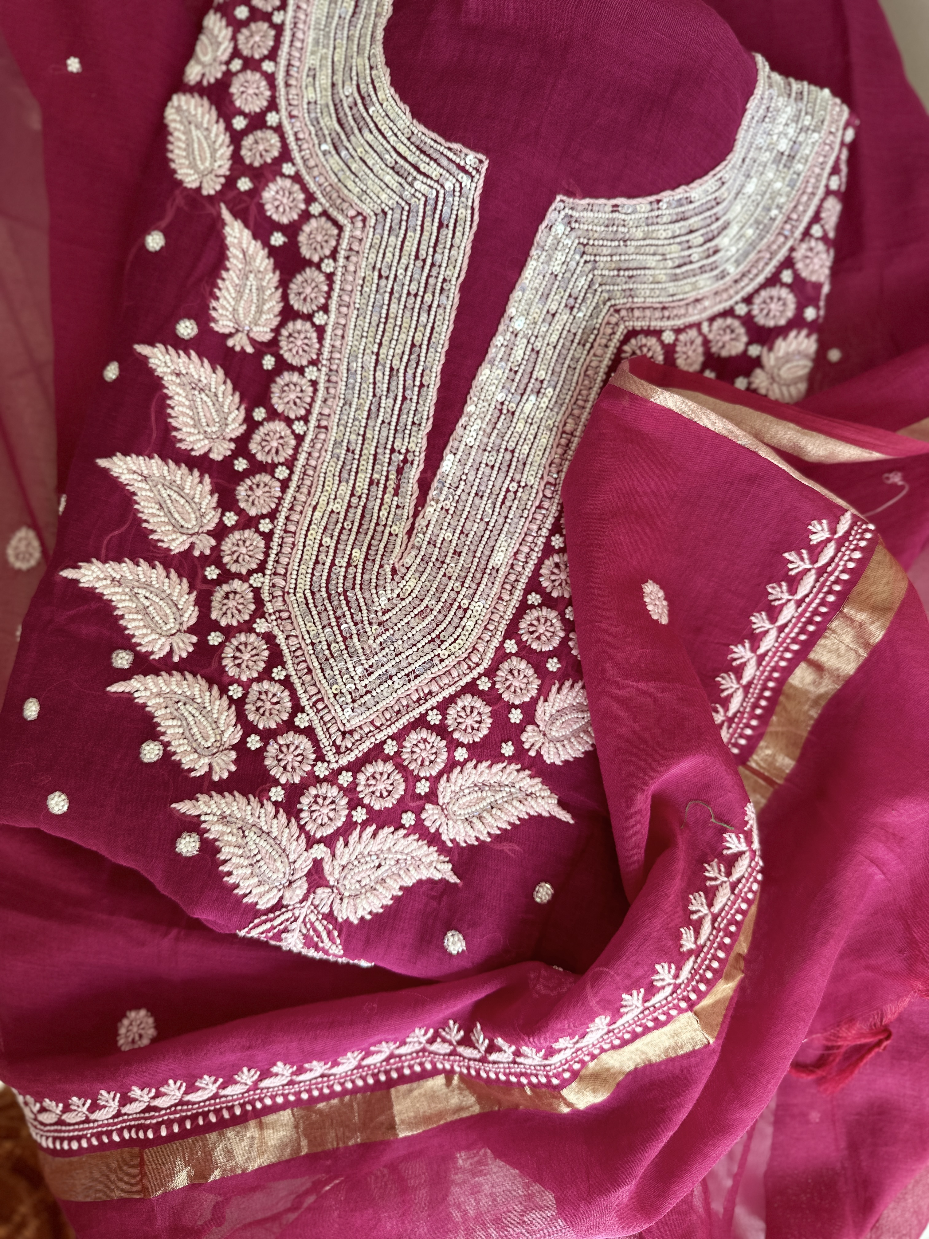 Wine Pearl Pure Mul Chanderi Kurta and Dupatta Set