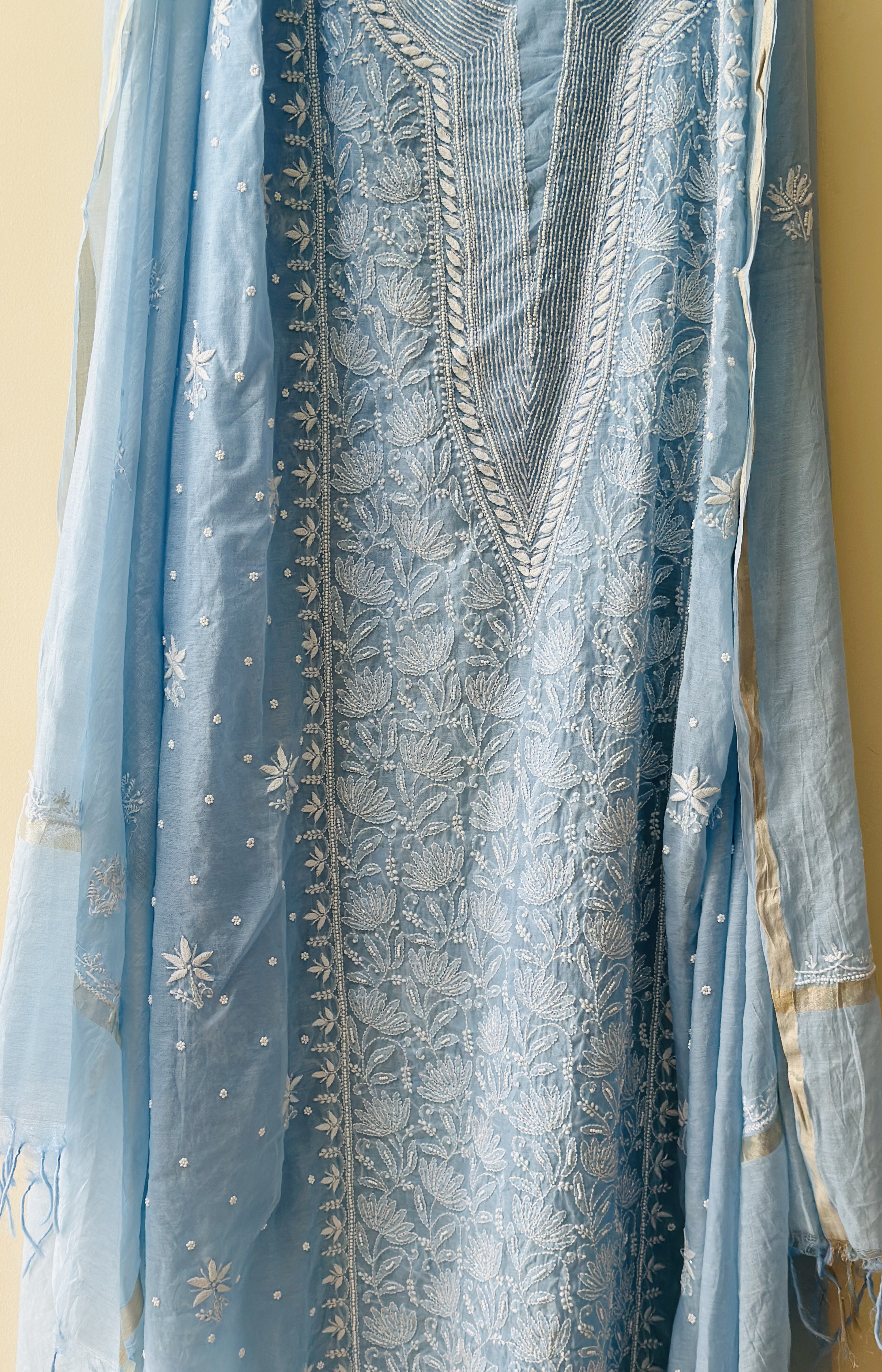 Ice Blue Pure Mul Chanderi Pearl Front Jaal Chikan Kurta and Dupatta Set