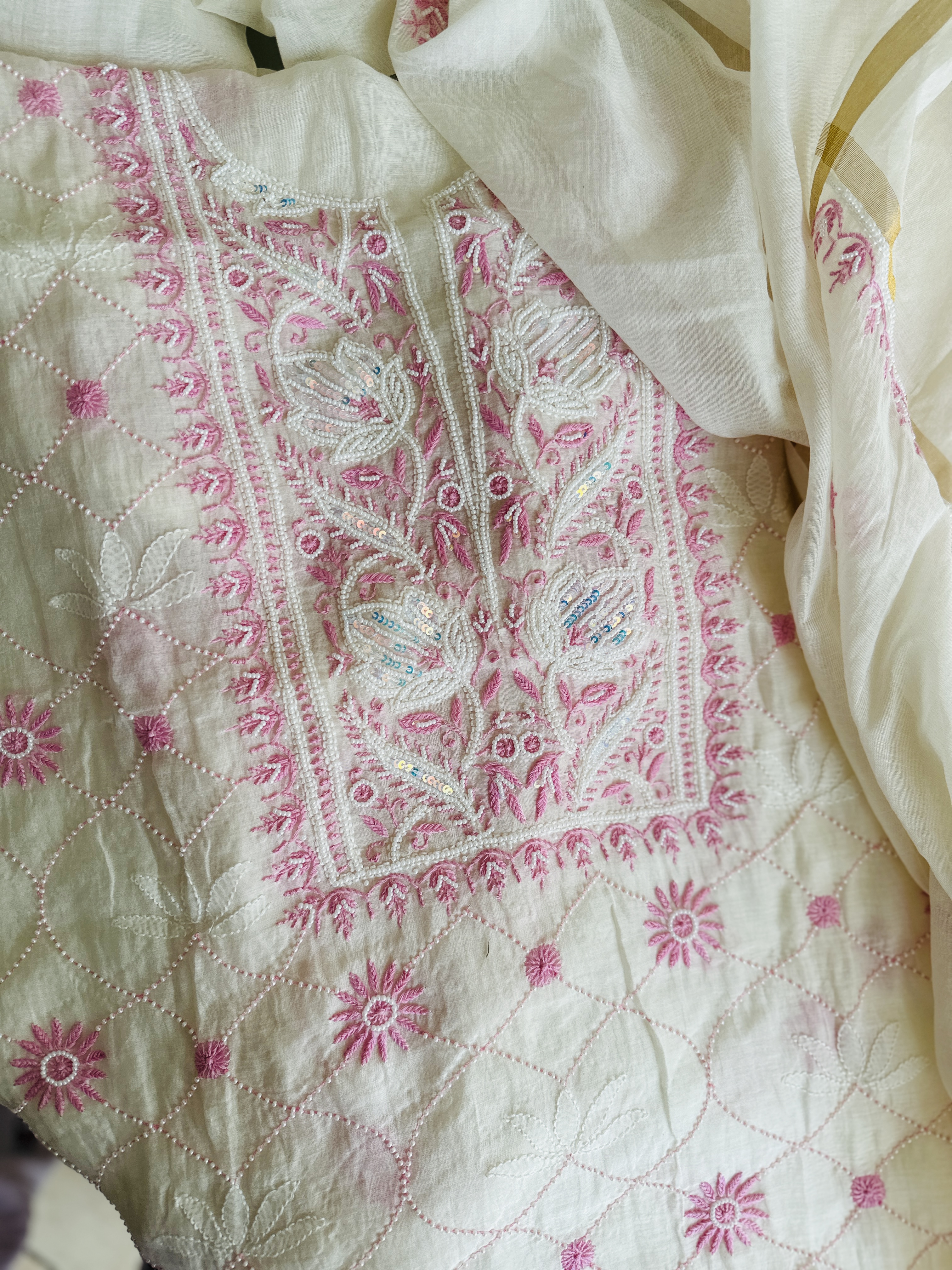 White Jaal Chikan Sequin and Pink Pearl Work Kurta and Dupatta Set 