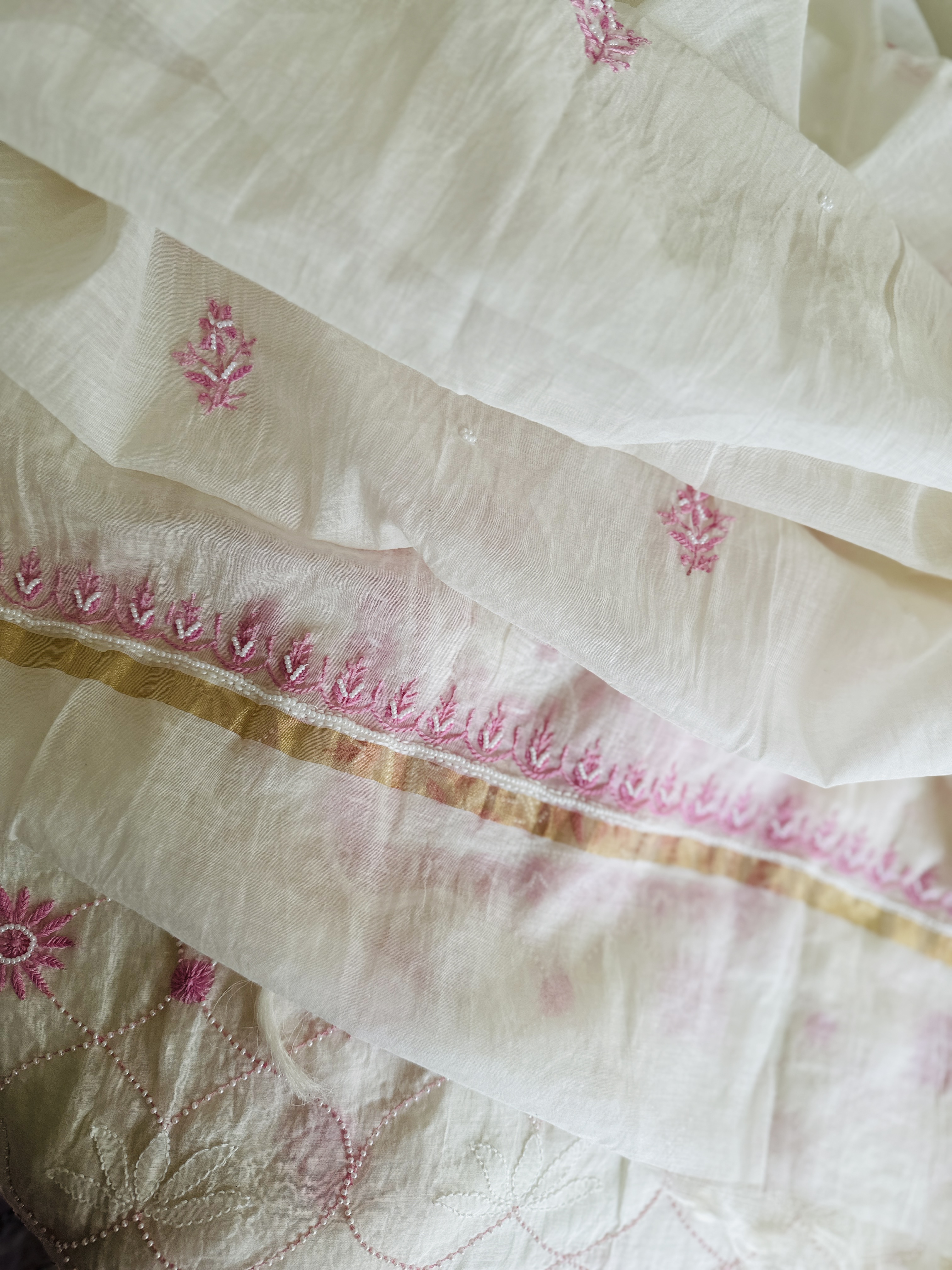 White Jaal Chikan Sequin and Pink Pearl Work Kurta and Dupatta Set 