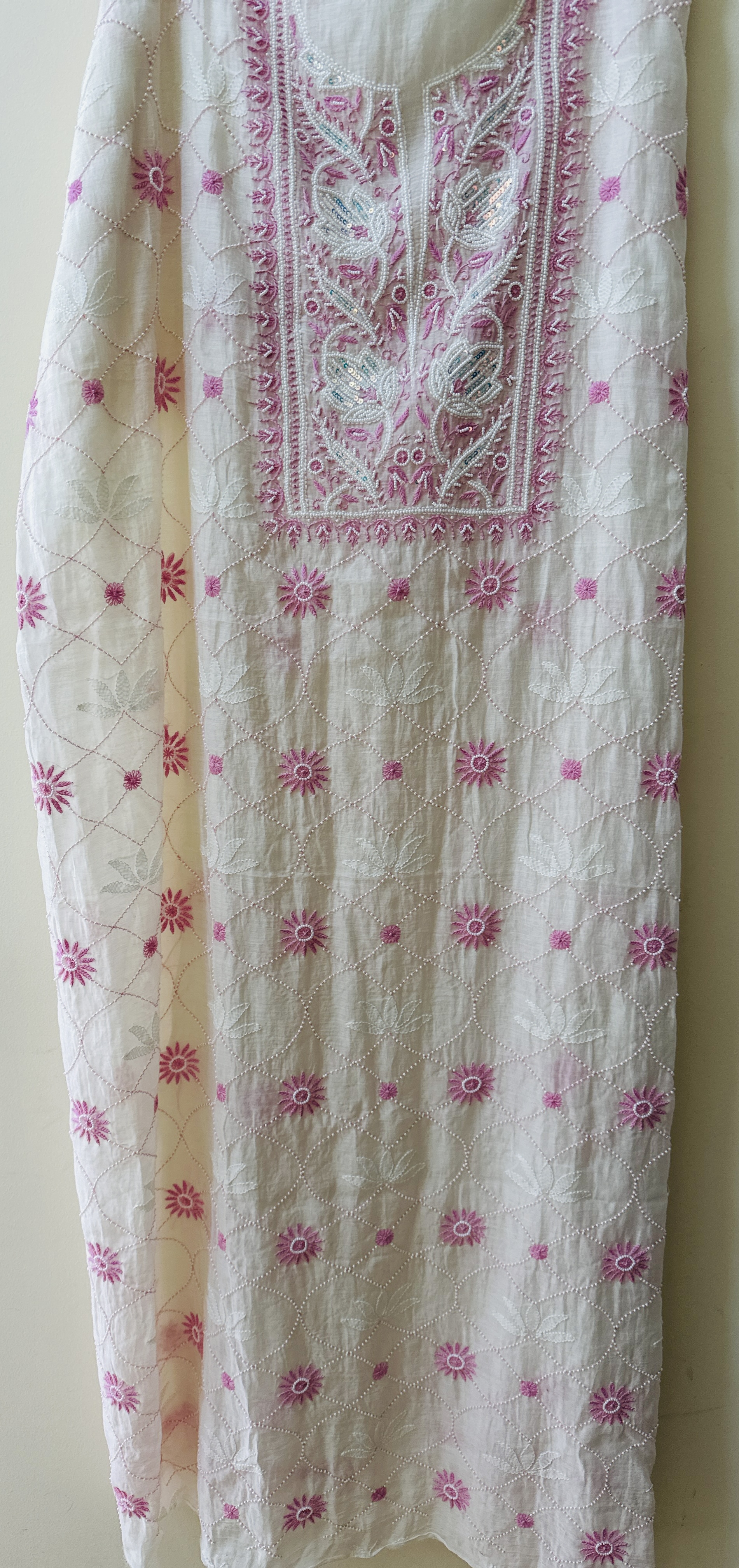 White Jaal Chikan Sequin and Pink Pearl Work Kurta and Dupatta Set 