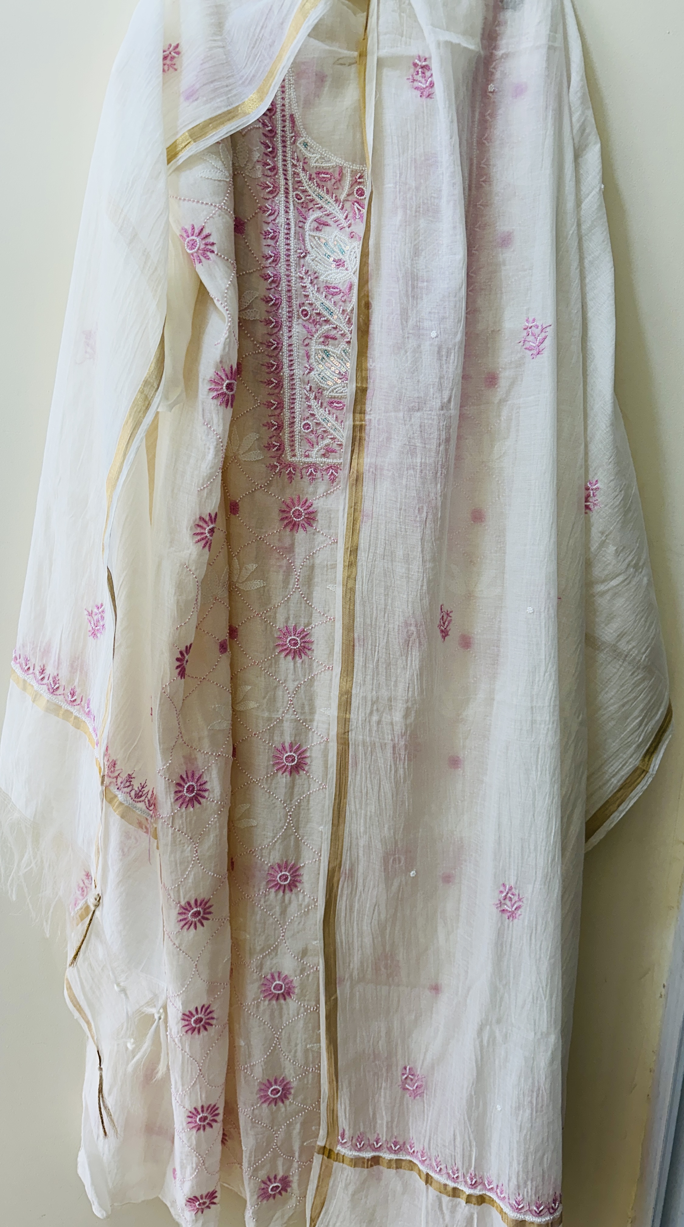 White Jaal Chikan Sequin and Pink Pearl Work Kurta and Dupatta Set 