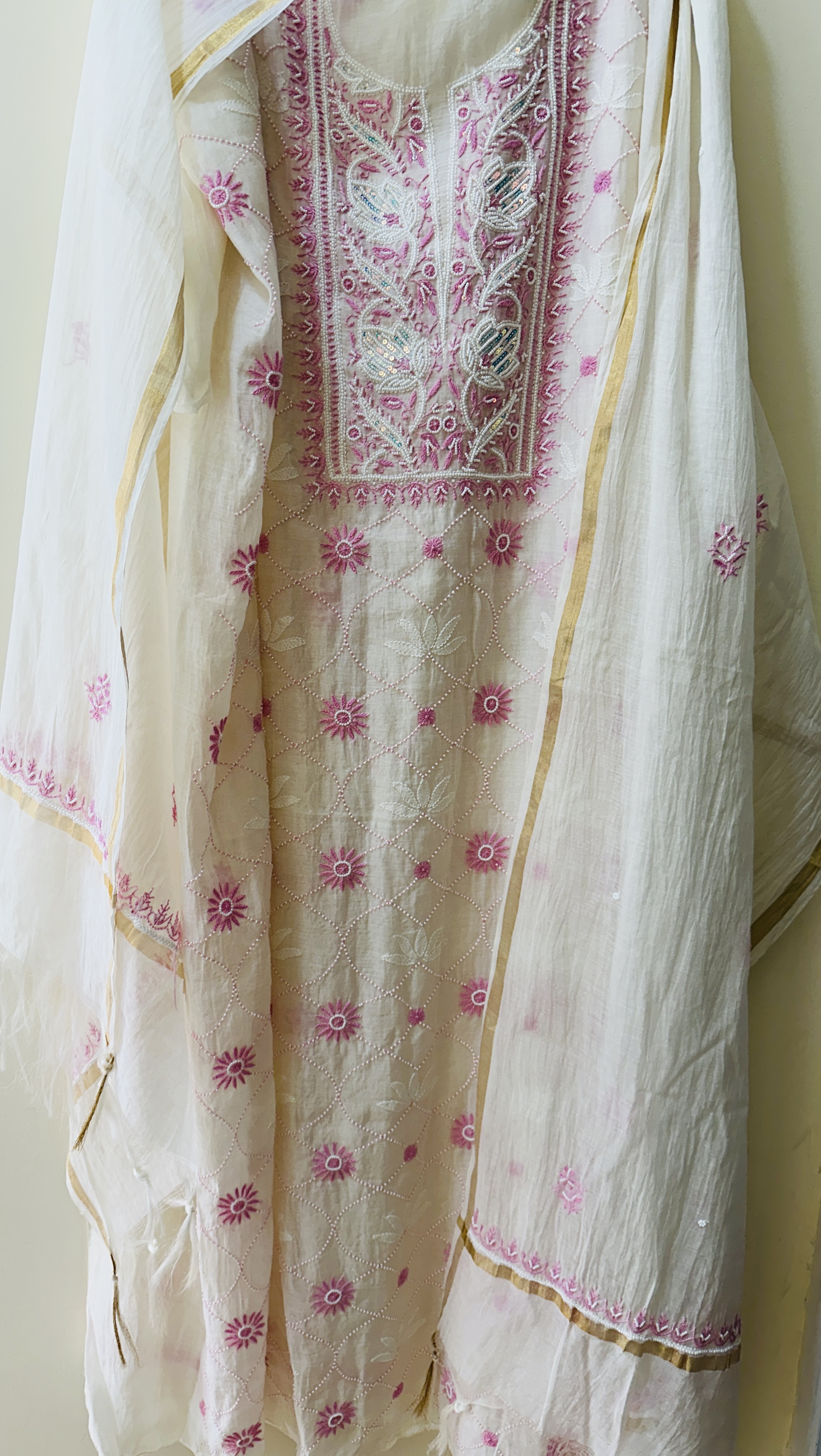 White Jaal Chikan Sequin and Pink Pearl Work Kurta and Dupatta Set 