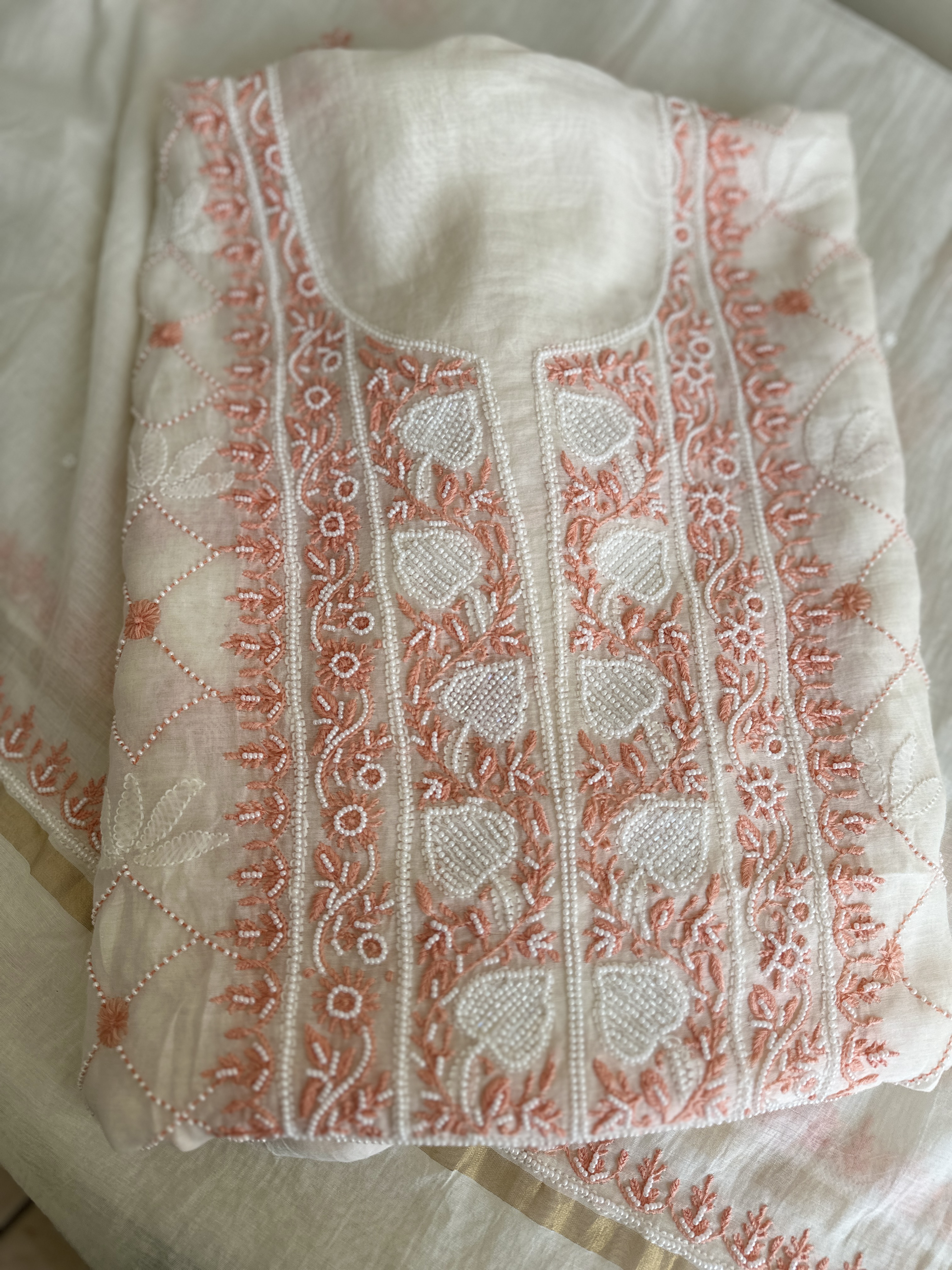 White Jaal Chikan Sequin and Orange Pearl Work Kurta and Dupatta Set