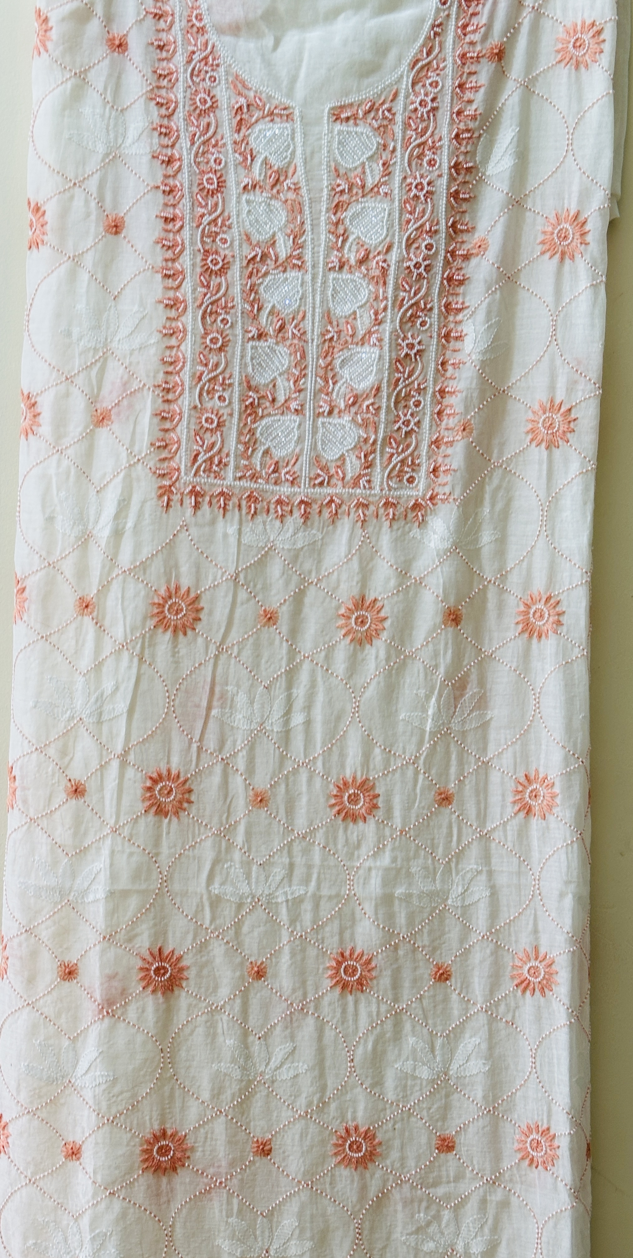 White Jaal Chikan Sequin and Orange Pearl Work Kurta and Dupatta Set