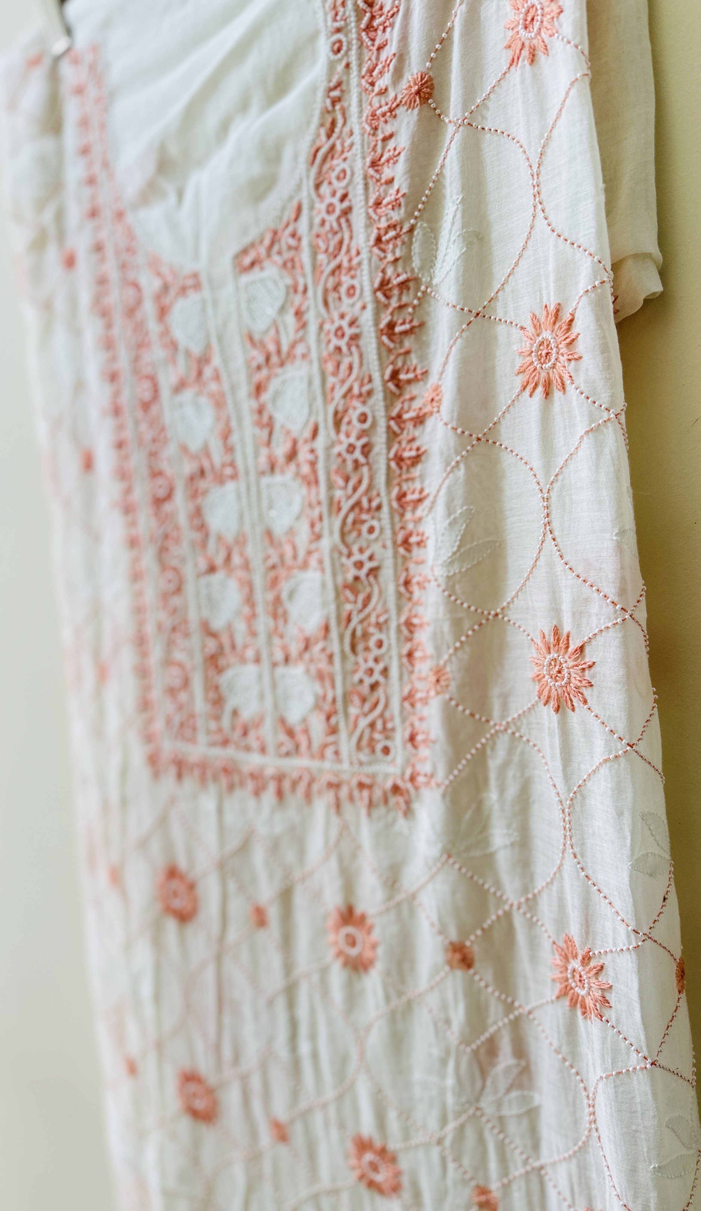 White Jaal Chikan Sequin and Orange Pearl Work Kurta and Dupatta Set