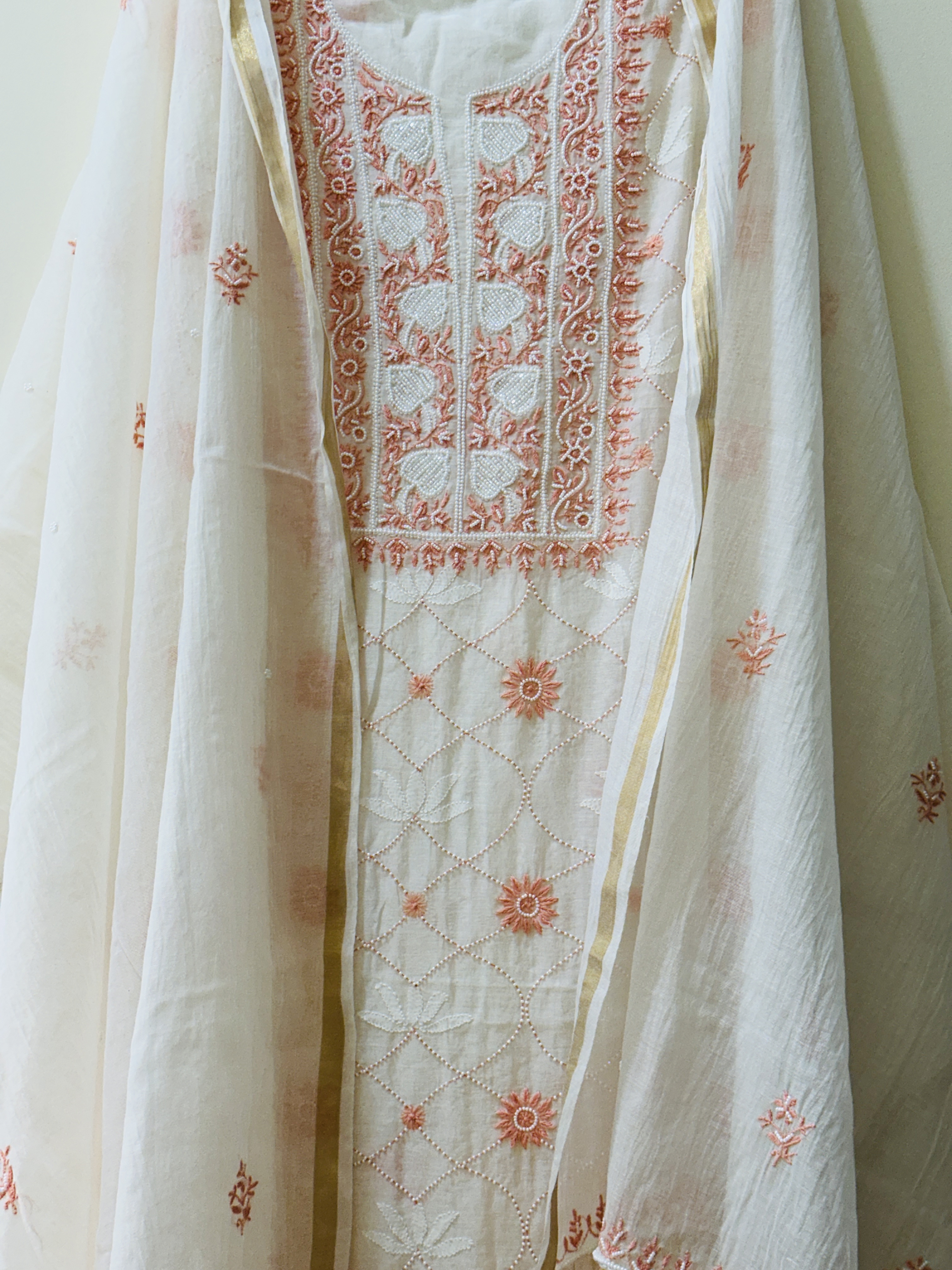 White Jaal Chikan Sequin and Orange Pearl Work Kurta and Dupatta Set