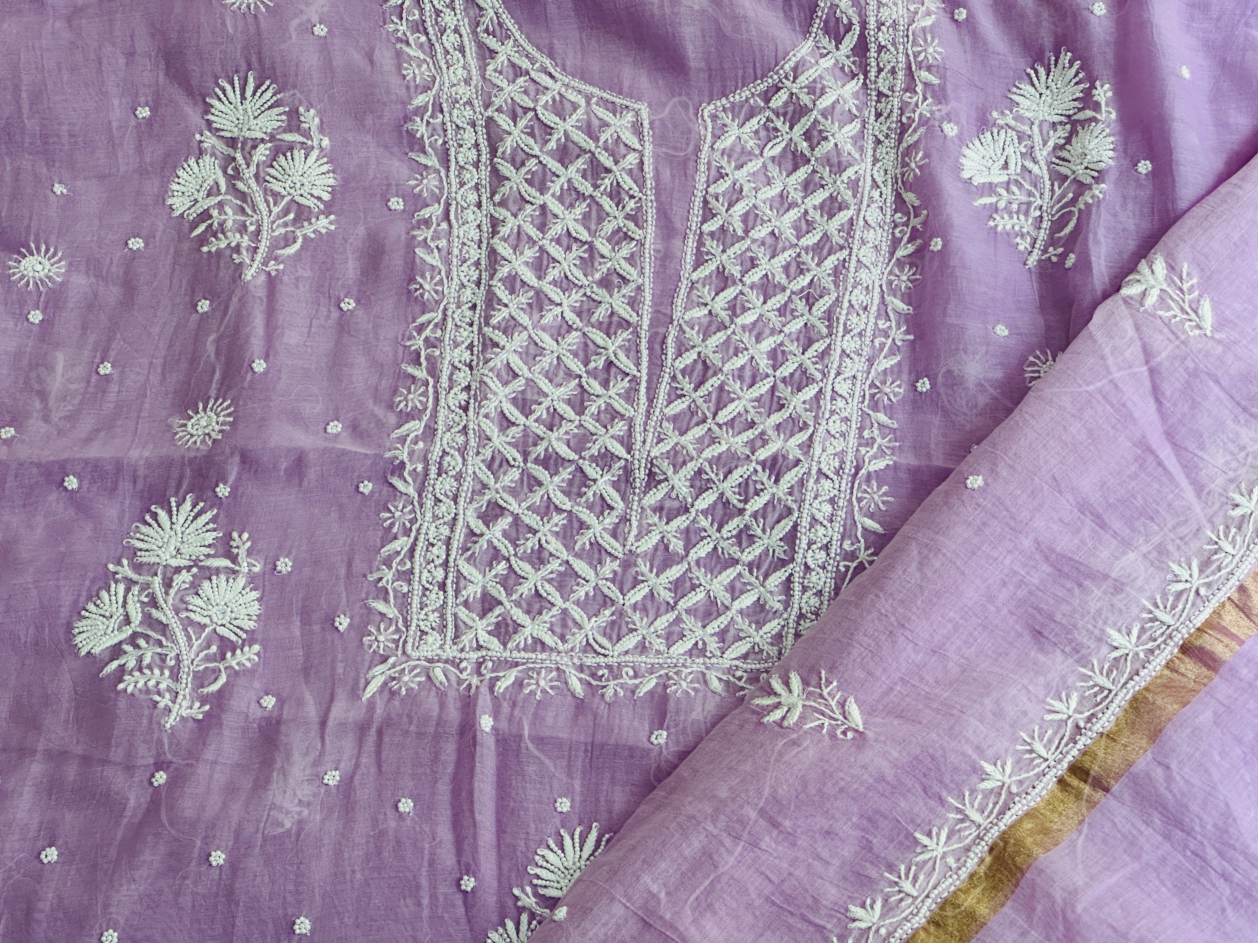 Lavender Mul Chanderi Chikan Kurta and Pearl Kurta and Dupatta Unstitched Set
