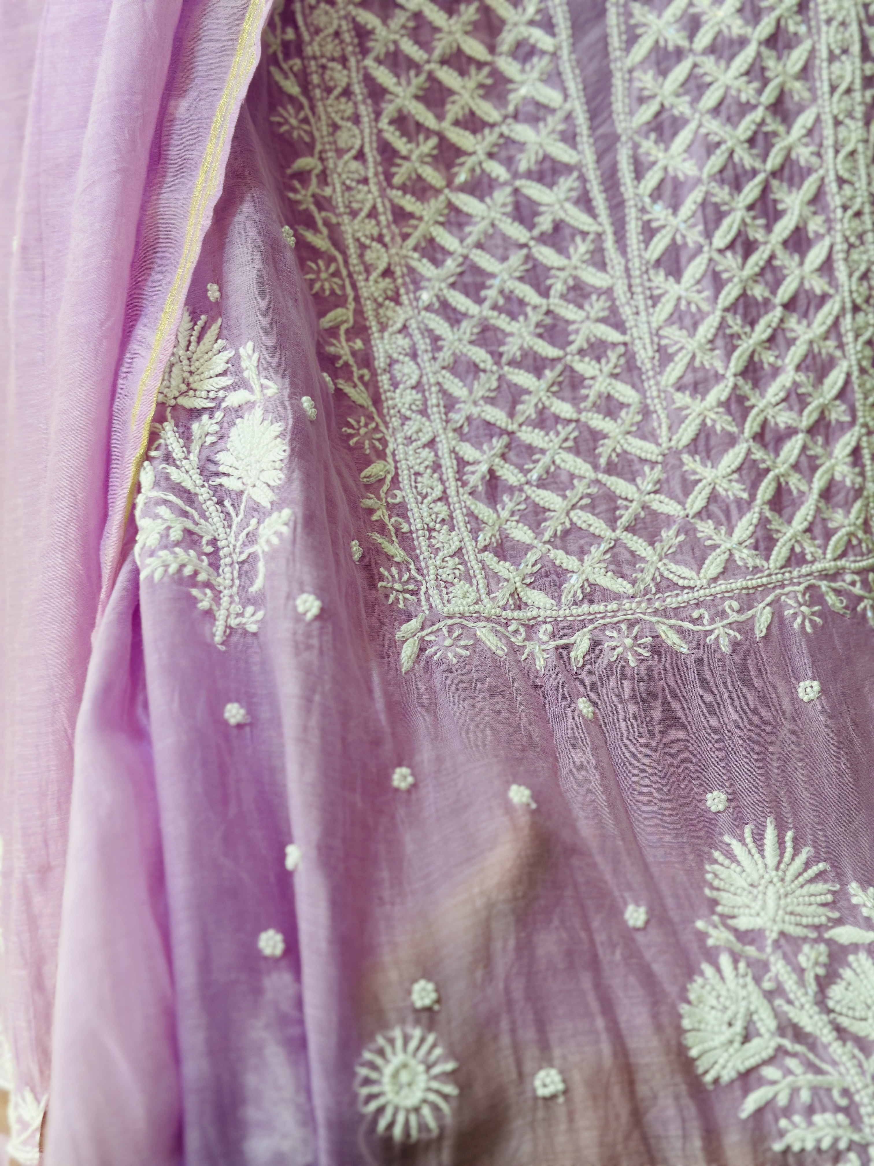 Lavender Mul Chanderi Chikan Kurta and Pearl Kurta and Dupatta Unstitched Set