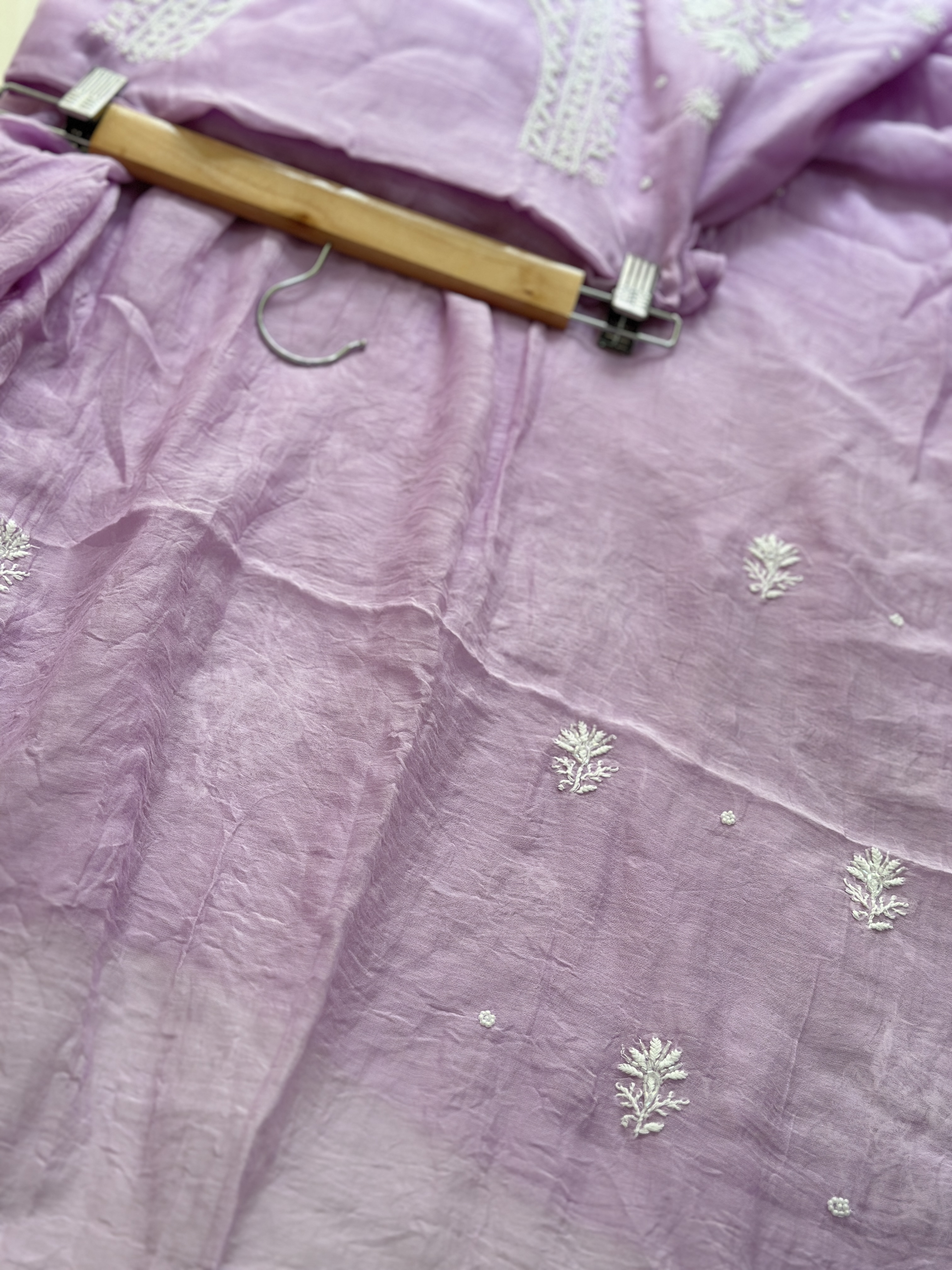 Lavender Mul Chanderi Chikan Kurta and Pearl Kurta and Dupatta Unstitched Set