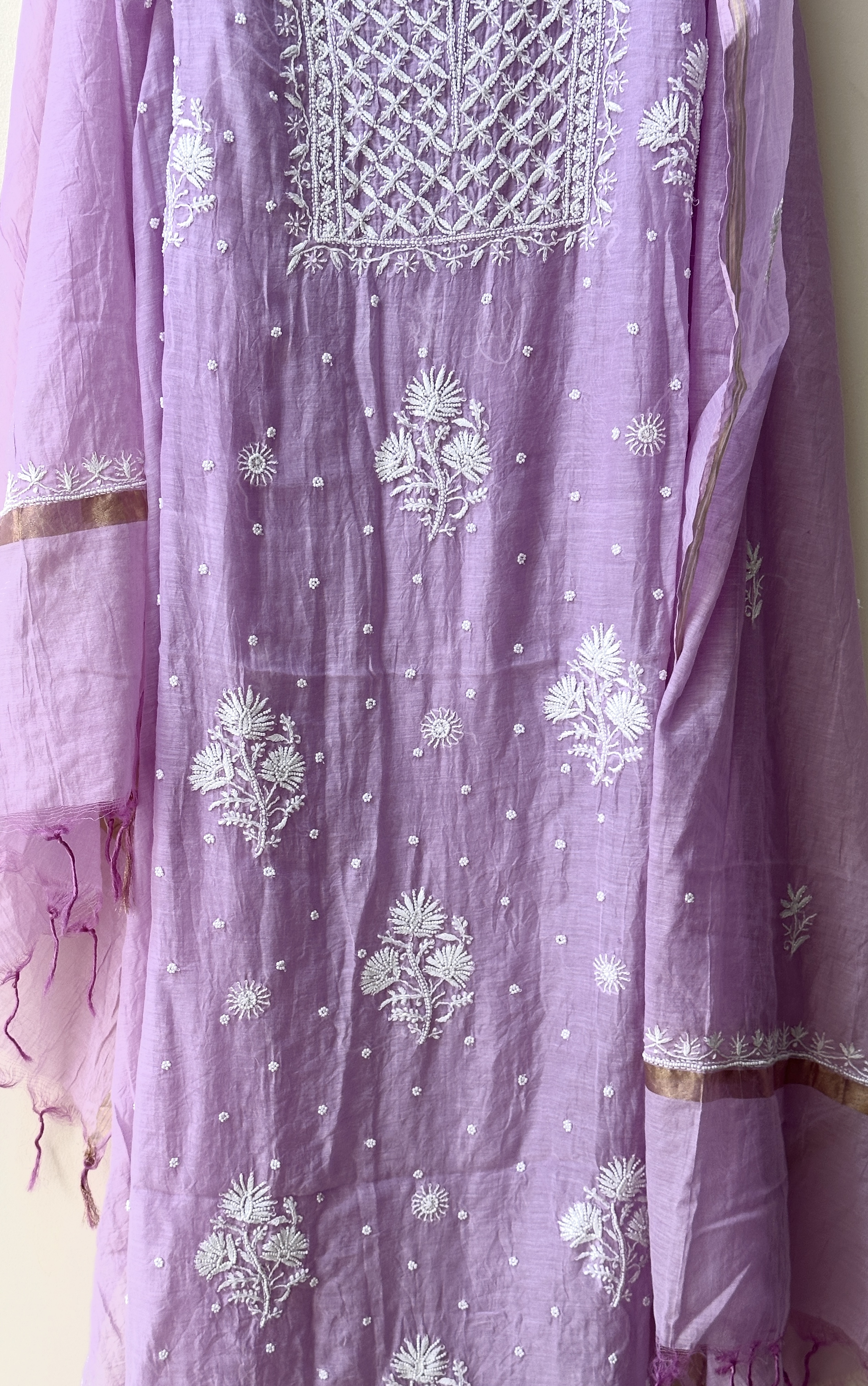 Lavender Mul Chanderi Chikan Kurta and Pearl Kurta and Dupatta Unstitched Set