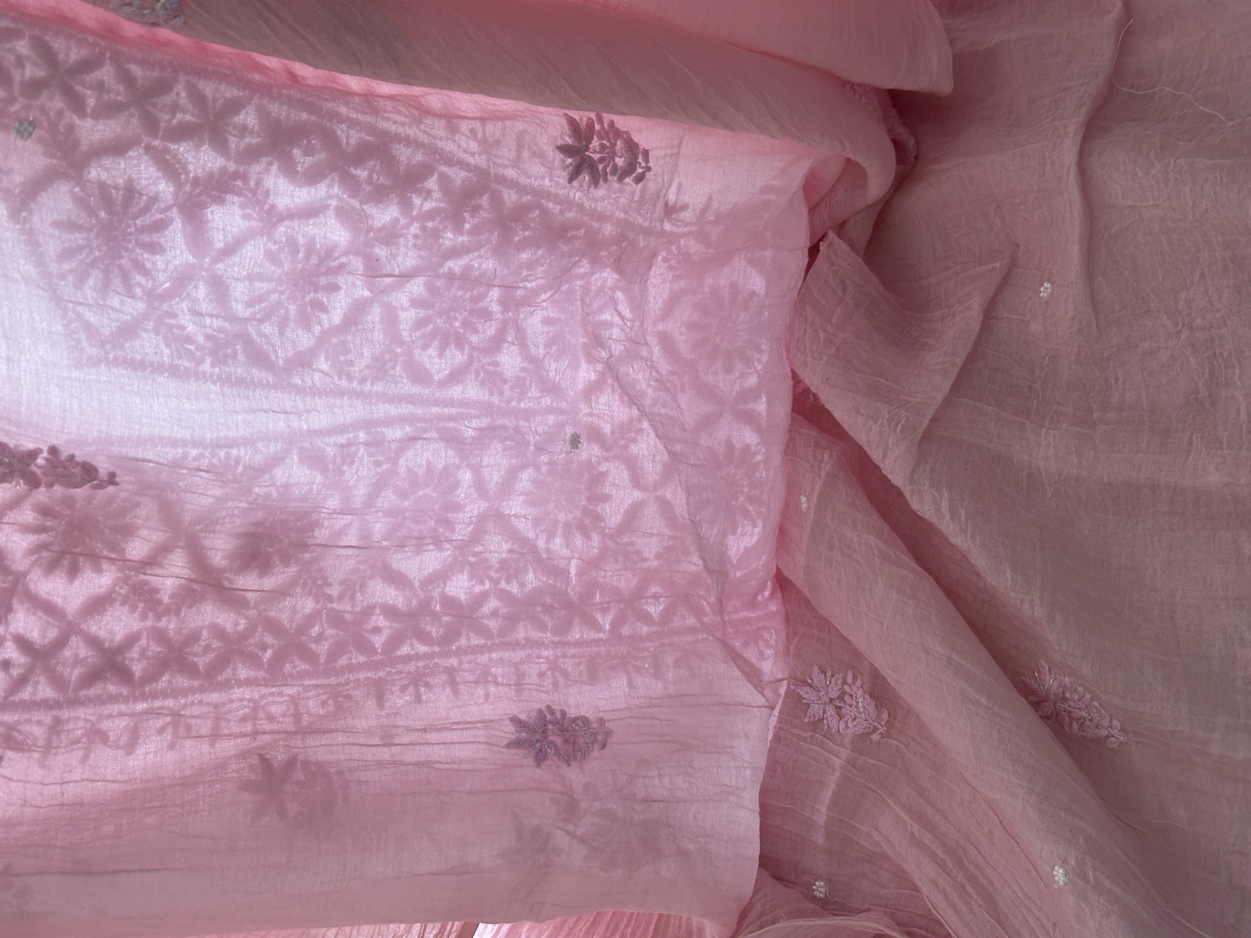 Blush Pink Mul Chanderi Chikan Kurta and Dupatta Unstitched Set