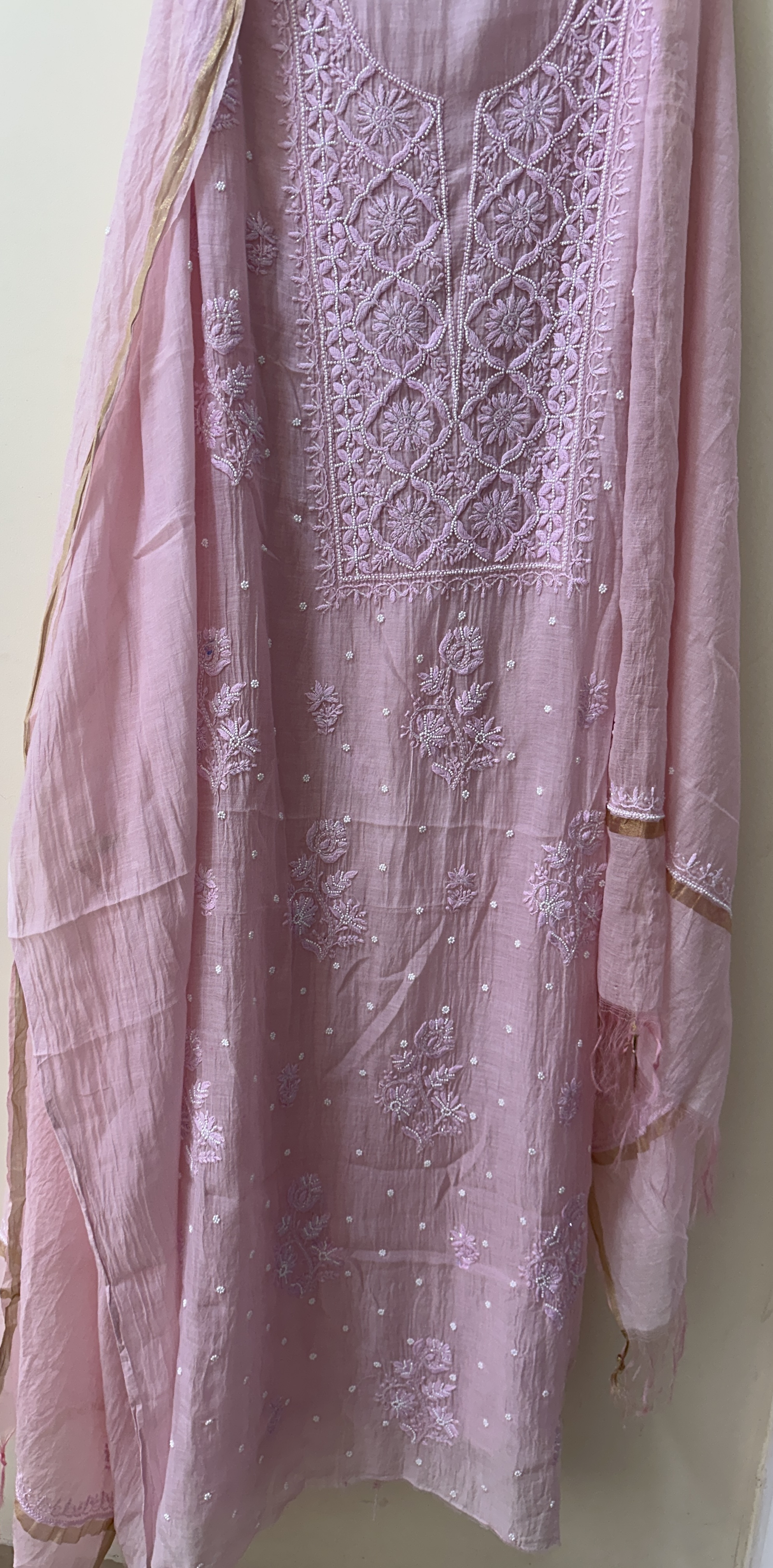 Blush Pink Mul Chanderi Chikan Kurta and Dupatta Unstitched Set