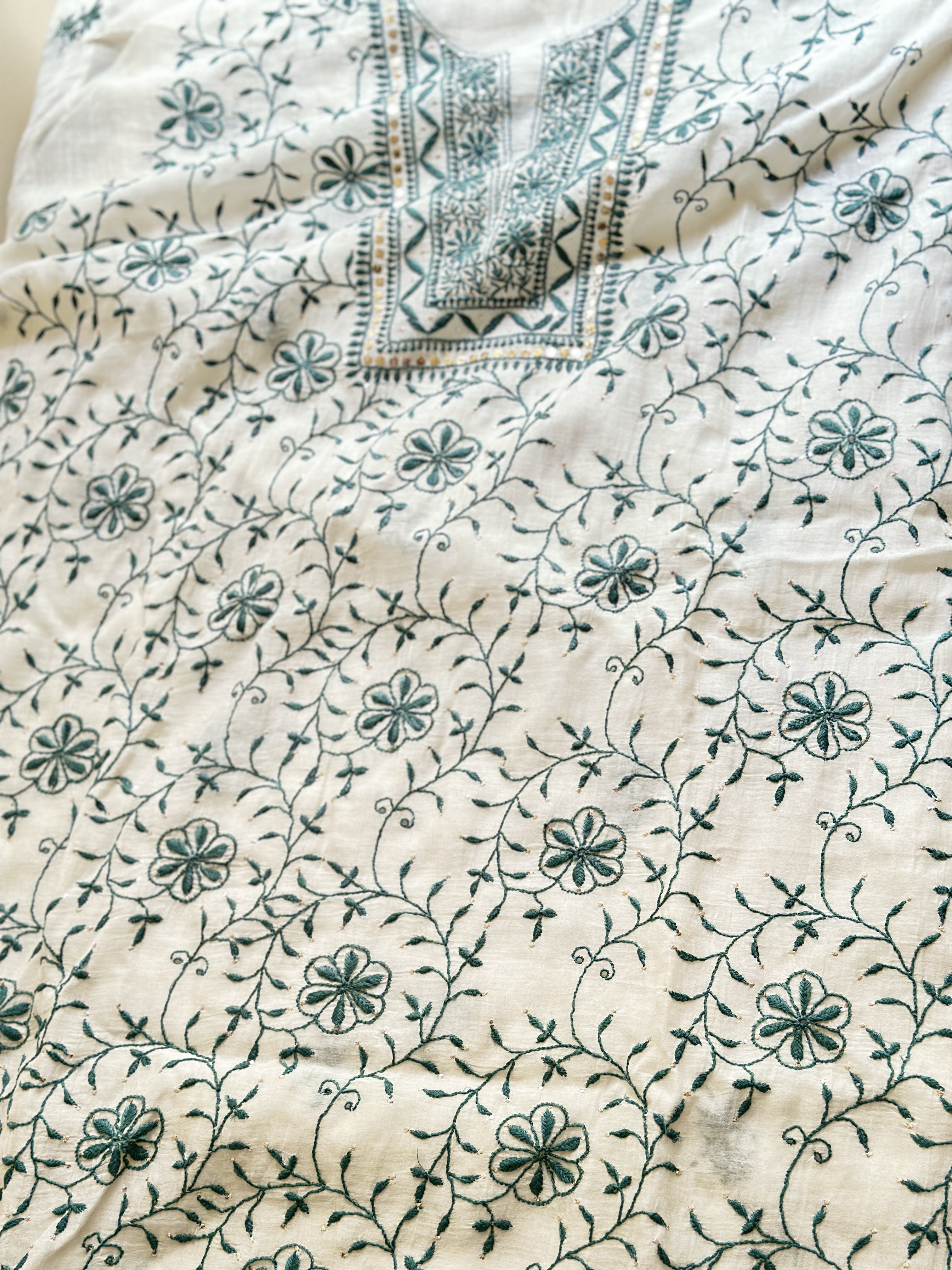 Semi Stitched Pure Mul Chanderi Front Jaal Chikan and Mukaish Kurta and Dupatta Set