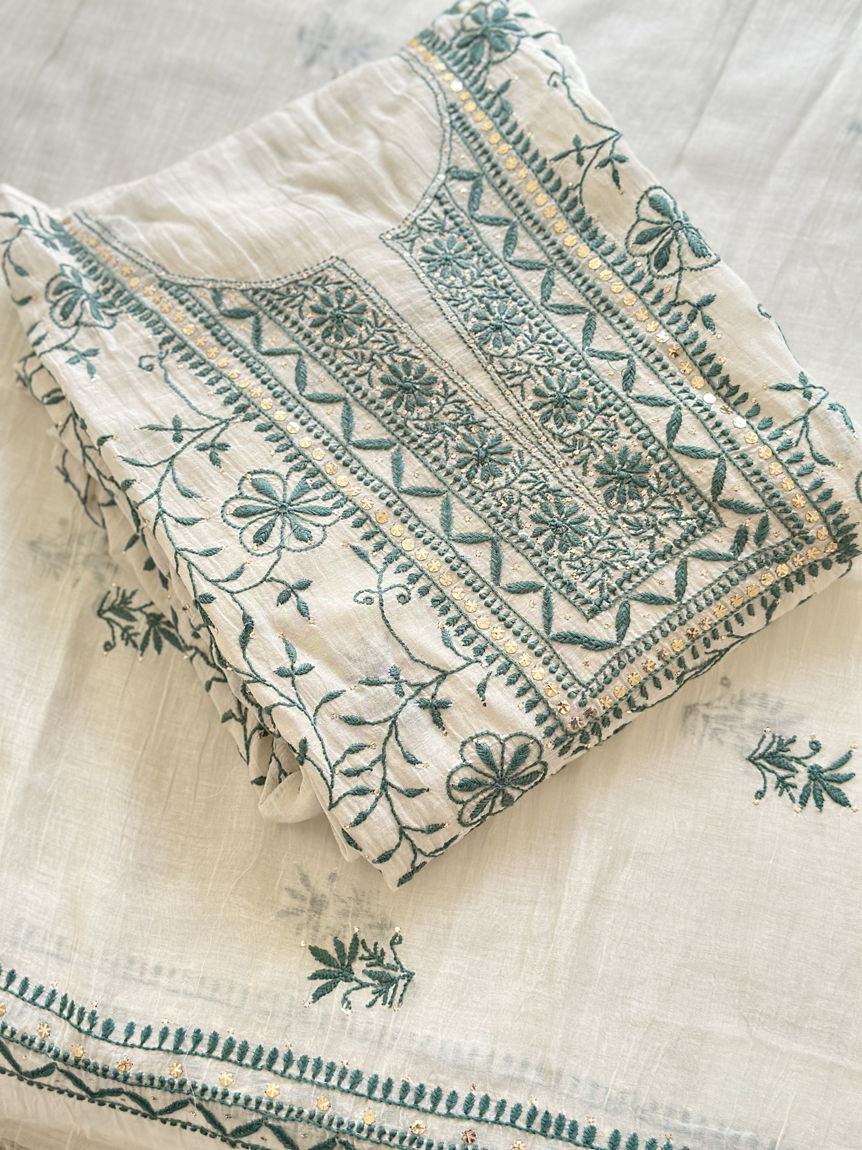 Semi Stitched Pure Mul Chanderi Front Jaal Chikan and Mukaish Kurta and Dupatta Set