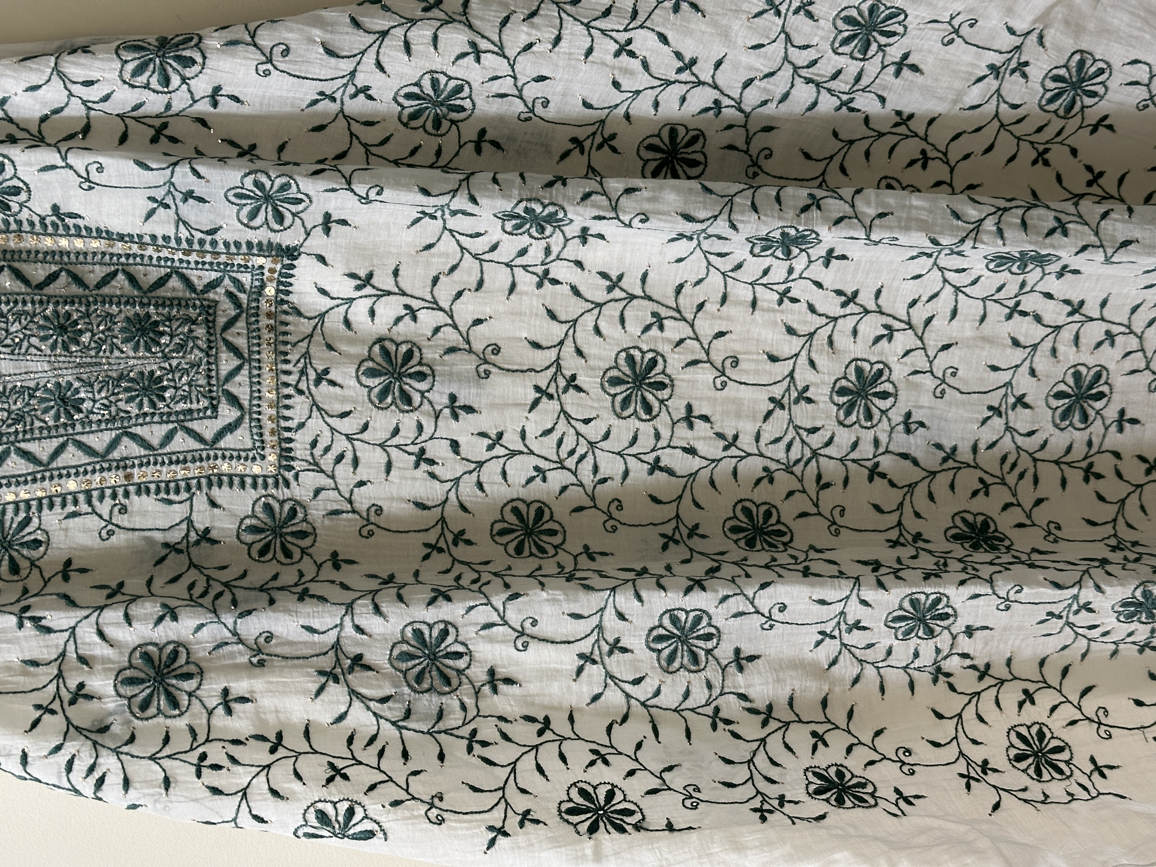 Semi Stitched Pure Mul Chanderi Front Jaal Chikan and Mukaish Kurta and Dupatta Set