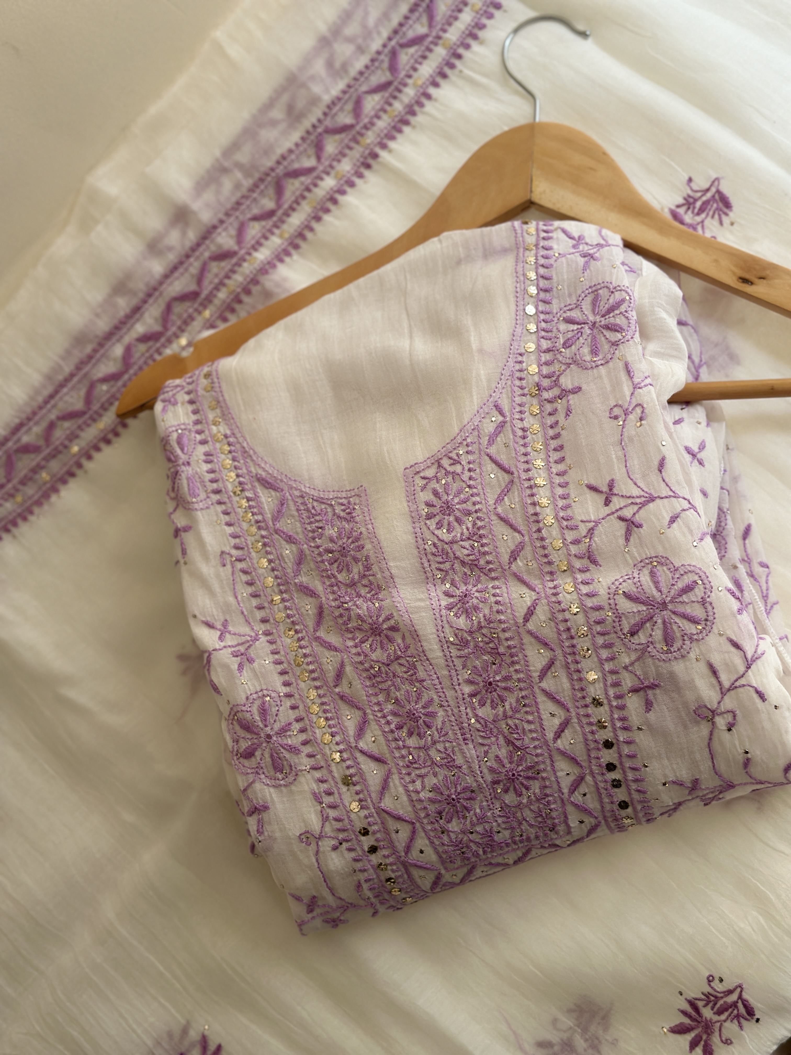 Semi Stitched Pure Mul Chanderi Front Jaal Chikan and Mukaish Kurta and Dupatta Set