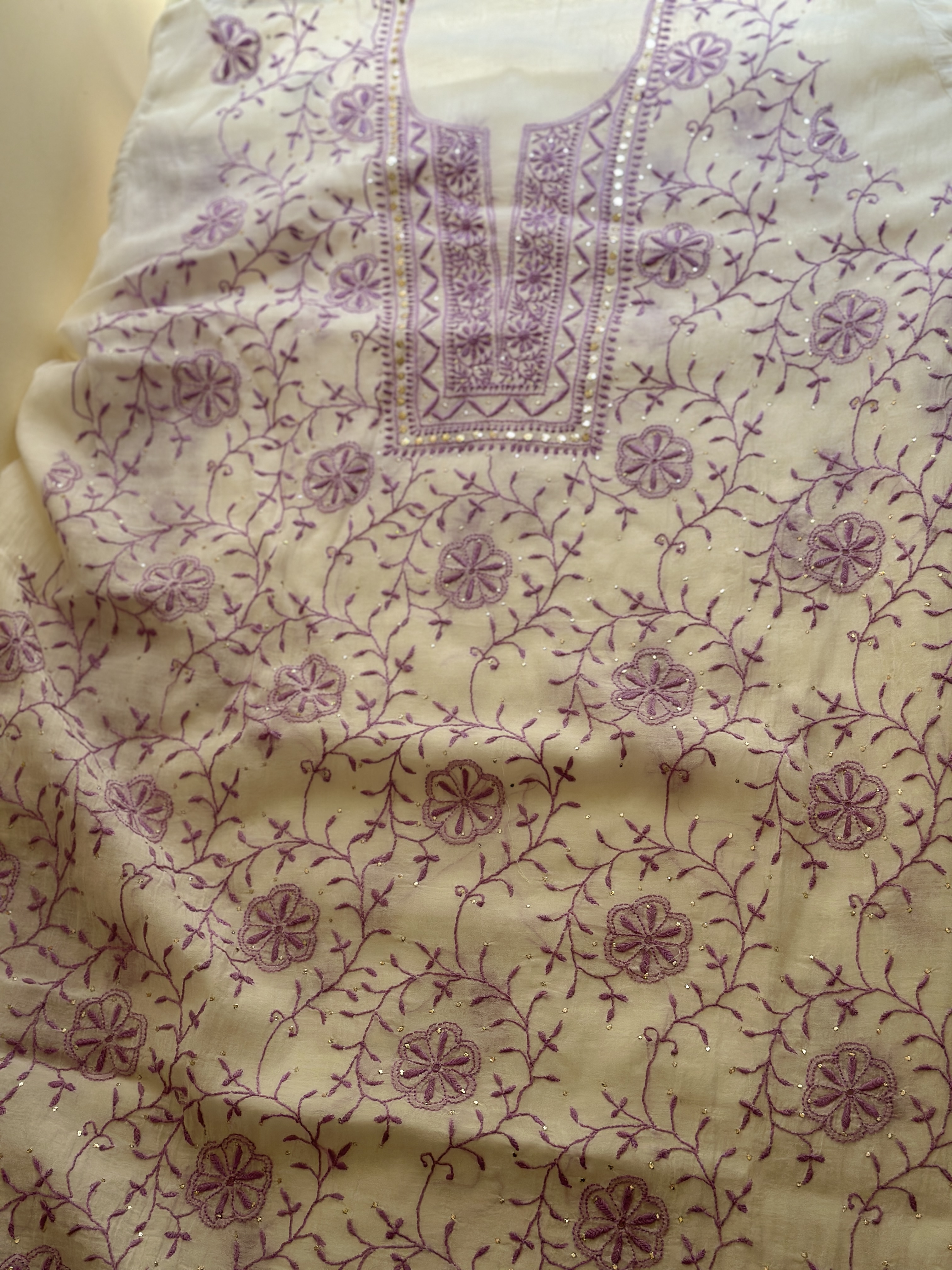 Semi Stitched Pure Mul Chanderi Front Jaal Chikan and Mukaish Kurta and Dupatta Set