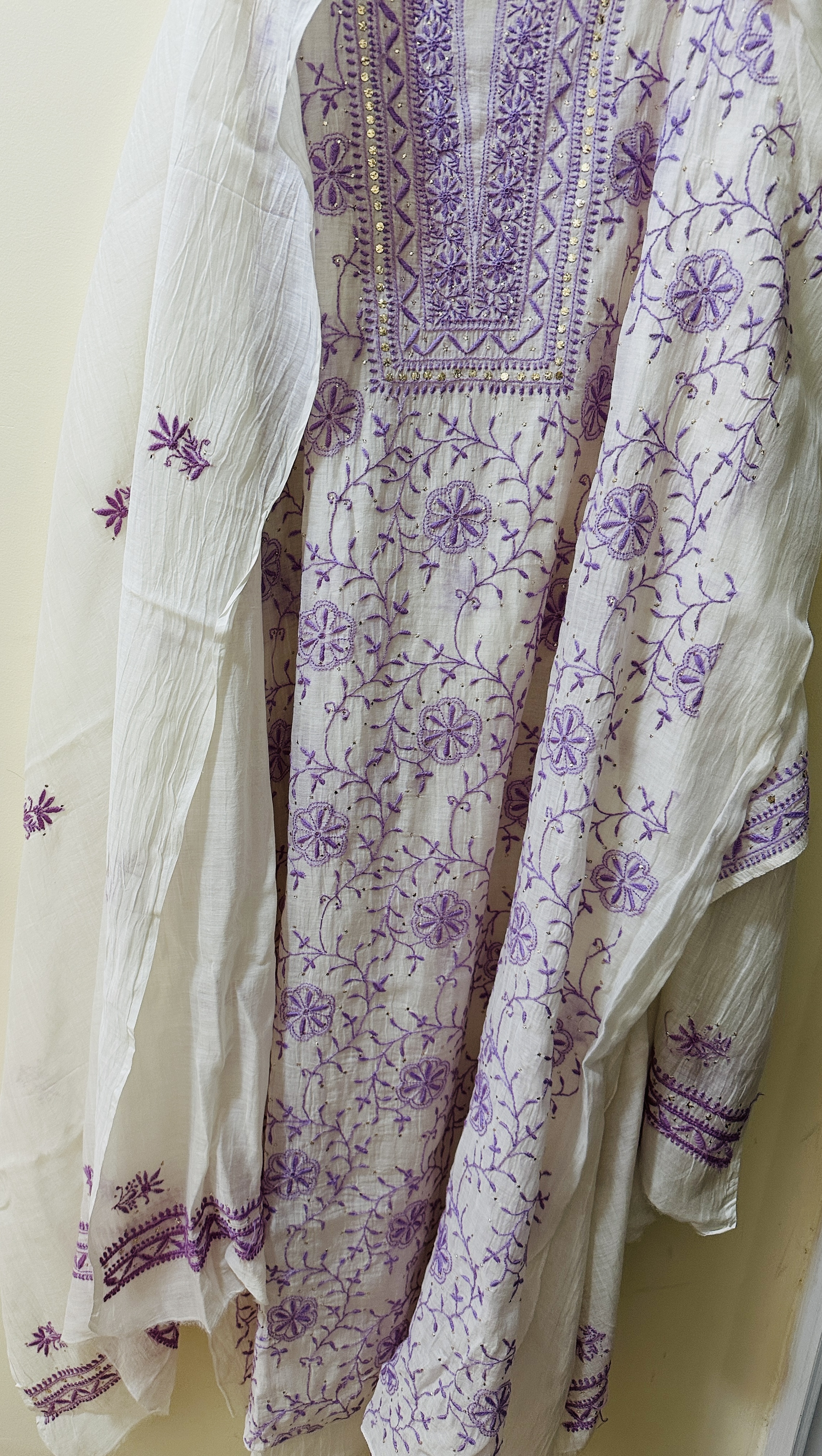 Semi Stitched Pure Mul Chanderi Front Jaal Chikan and Mukaish Kurta and Dupatta Set