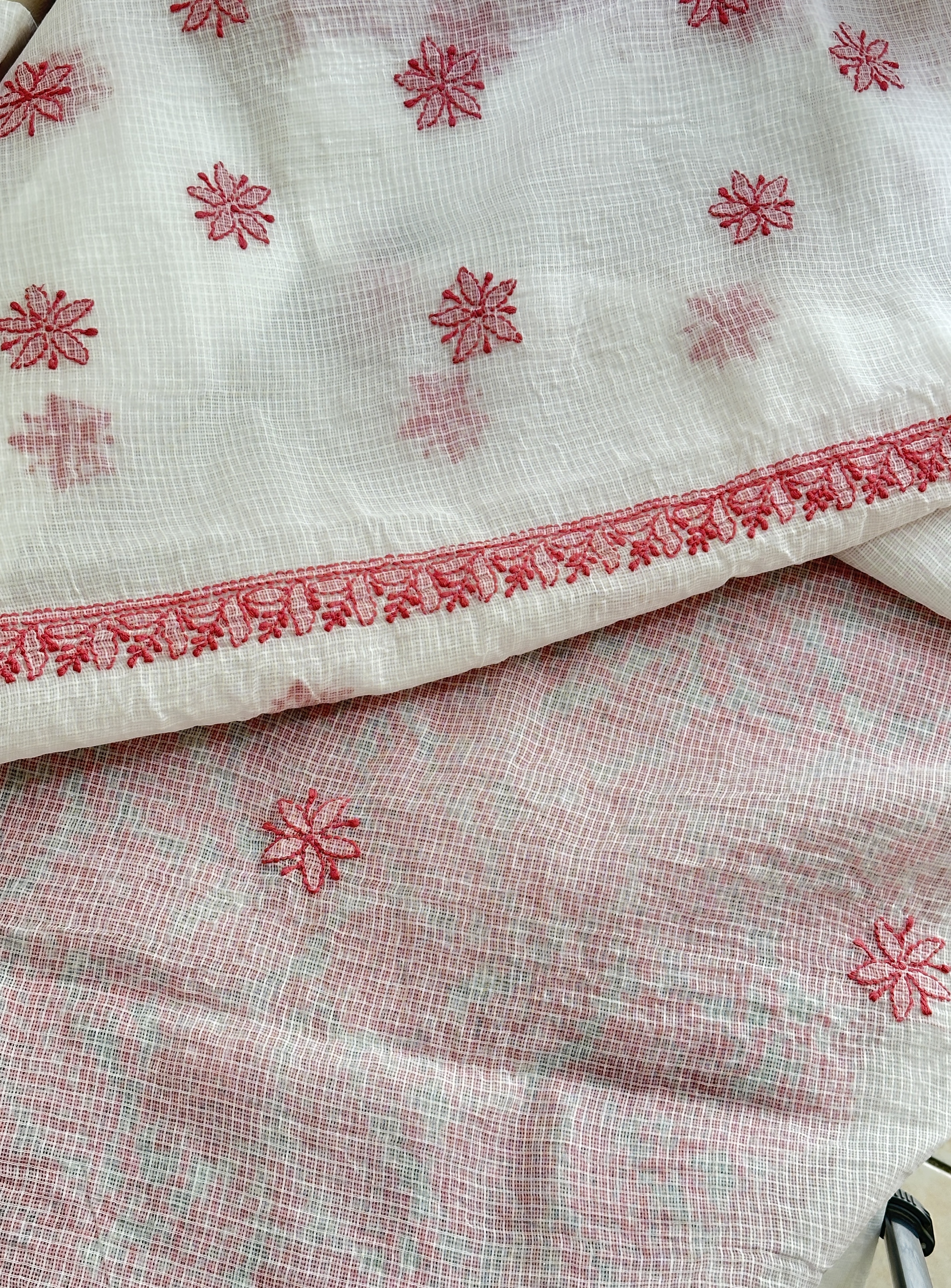 Pure Kota Cotton Red Jaal Chikan Work Kurta and Dupatta Set