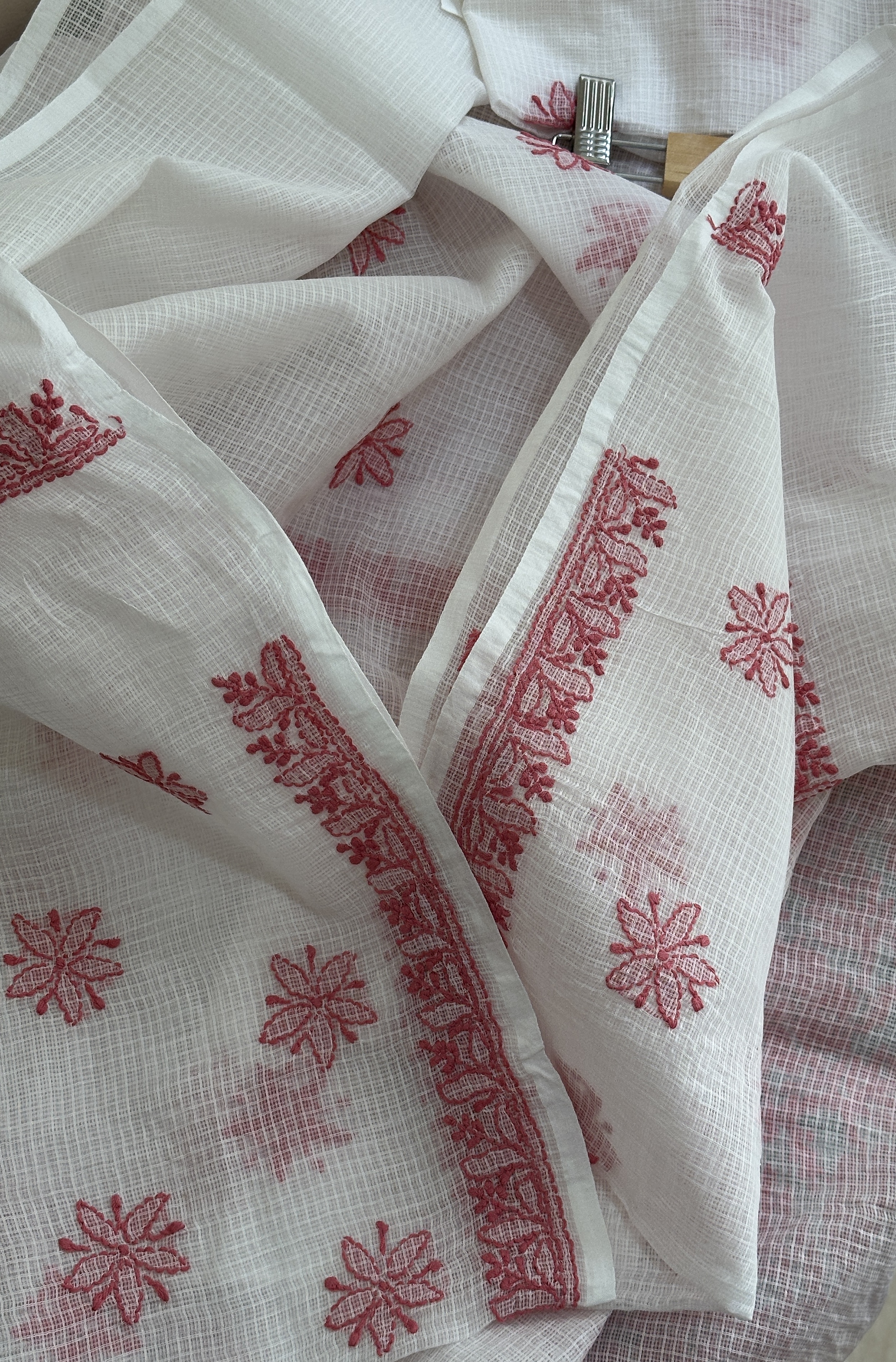 Pure Kota Cotton Red Jaal Chikan Work Kurta and Dupatta Set