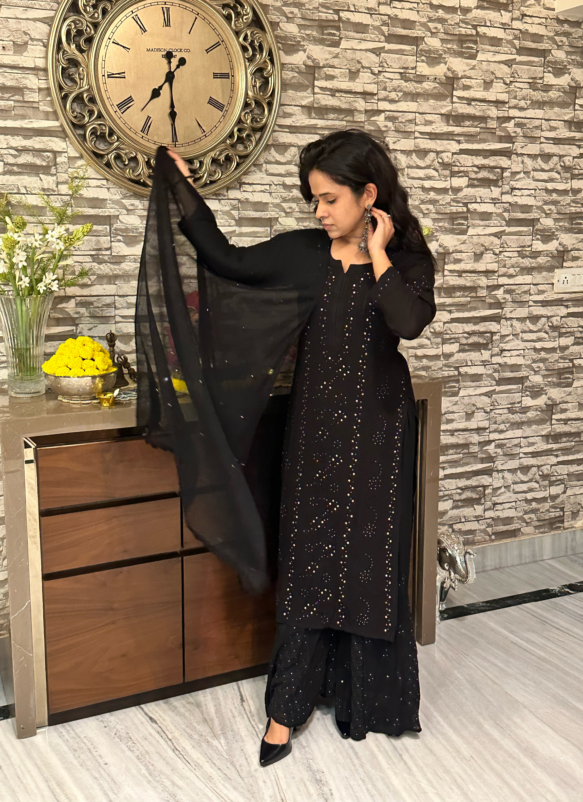 Black Tara Viscose Chikankari Kurta Set