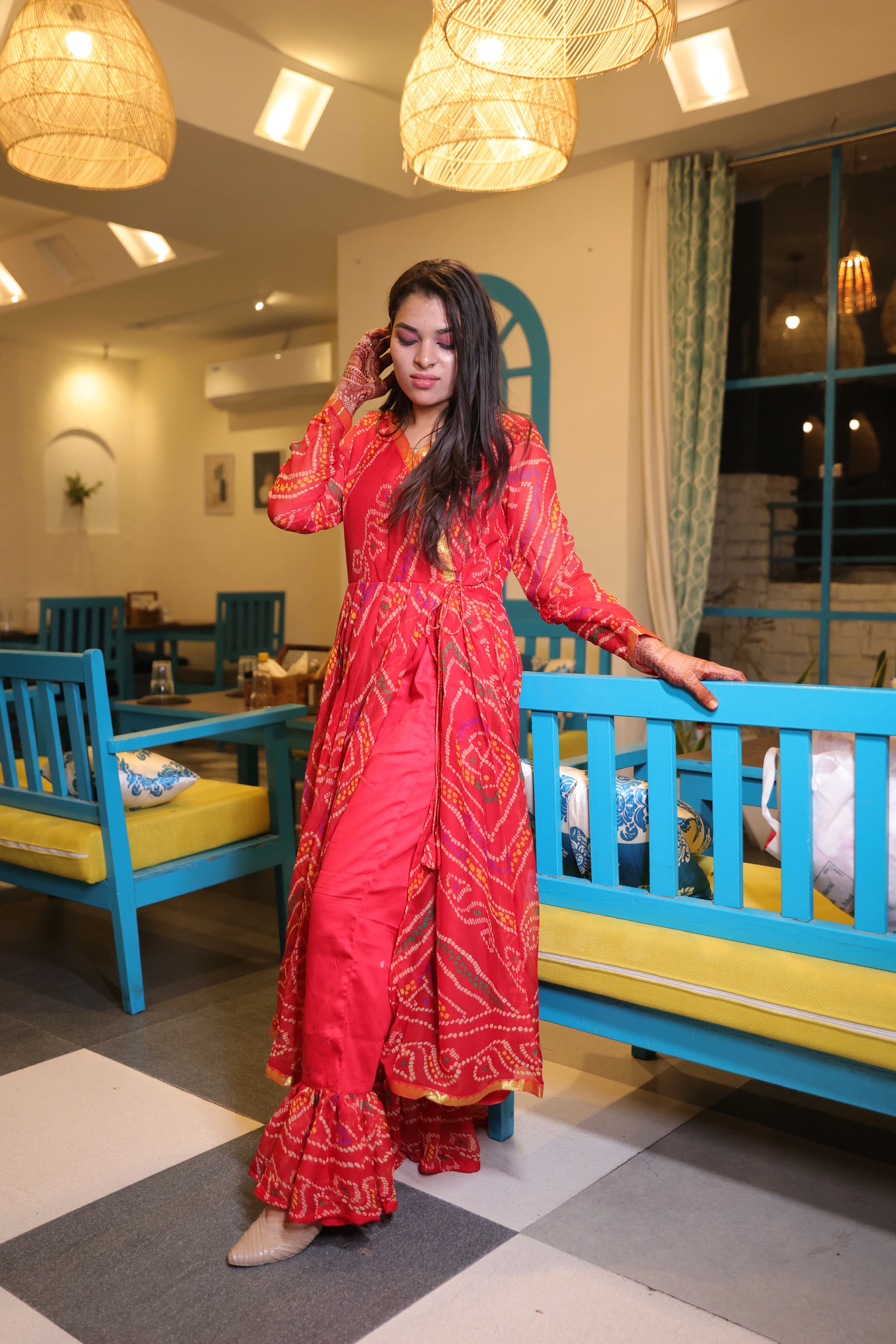 Mukta Chiffon Leheriya Anarkali and Pant Set