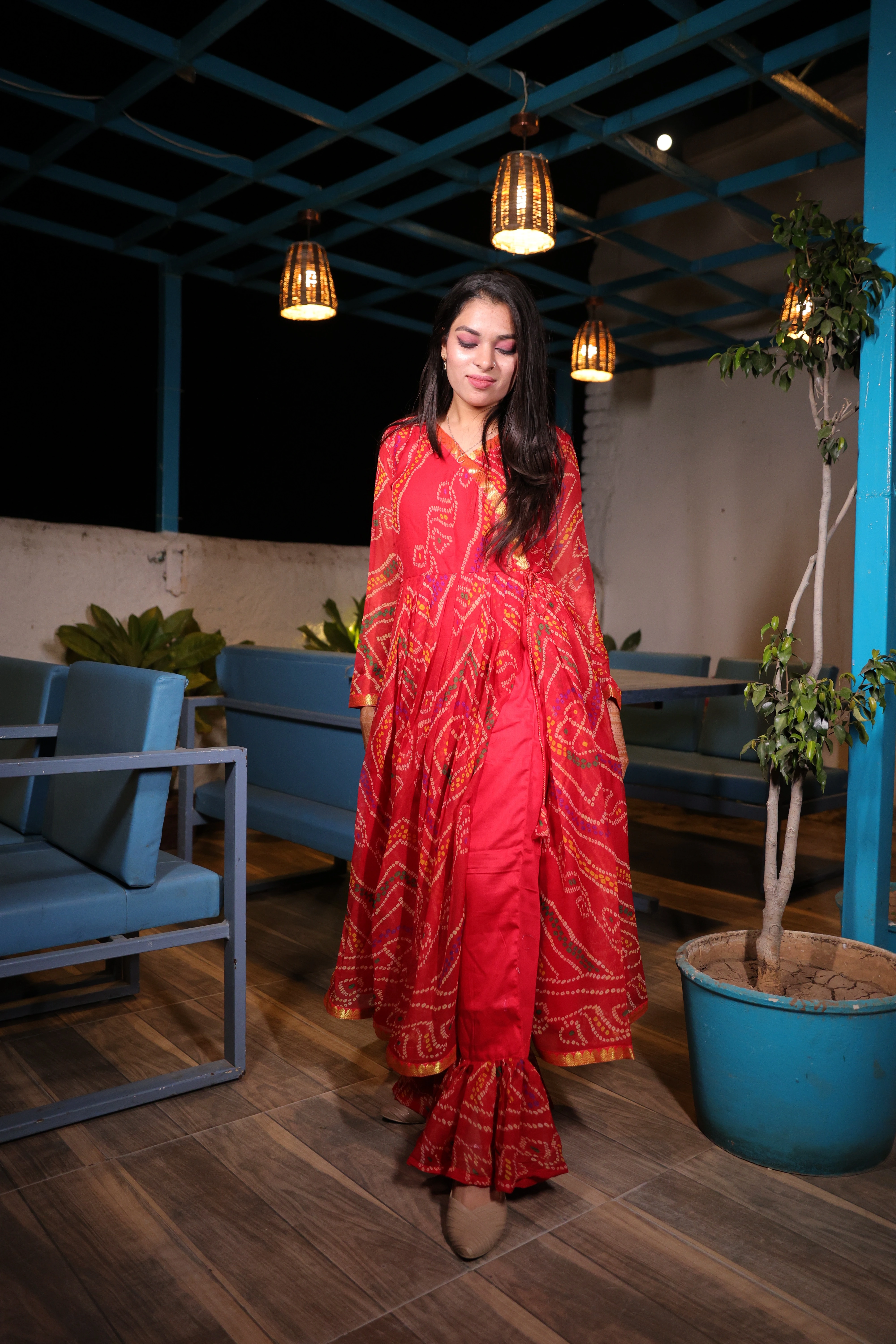 Mukta Chiffon Leheriya Anarkali and Pant Set