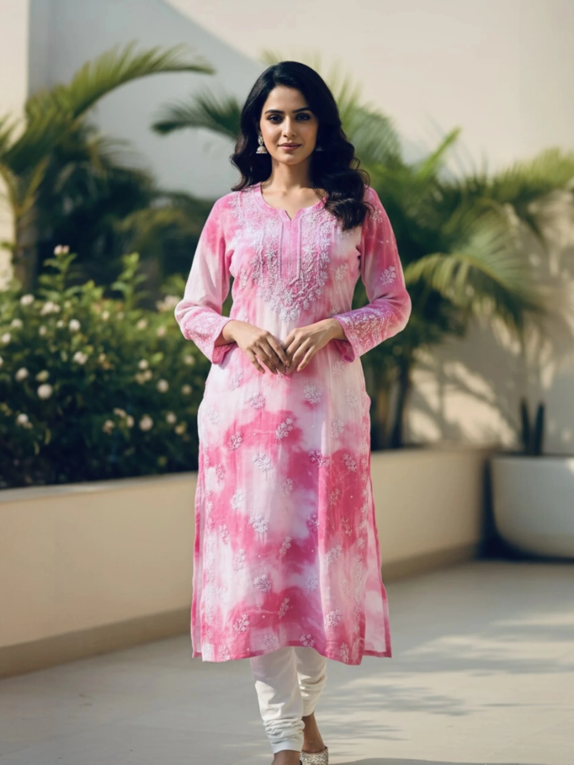 Vaidehi Tie and Dye Georgette Pearl Cut Dana Chikan Kurta