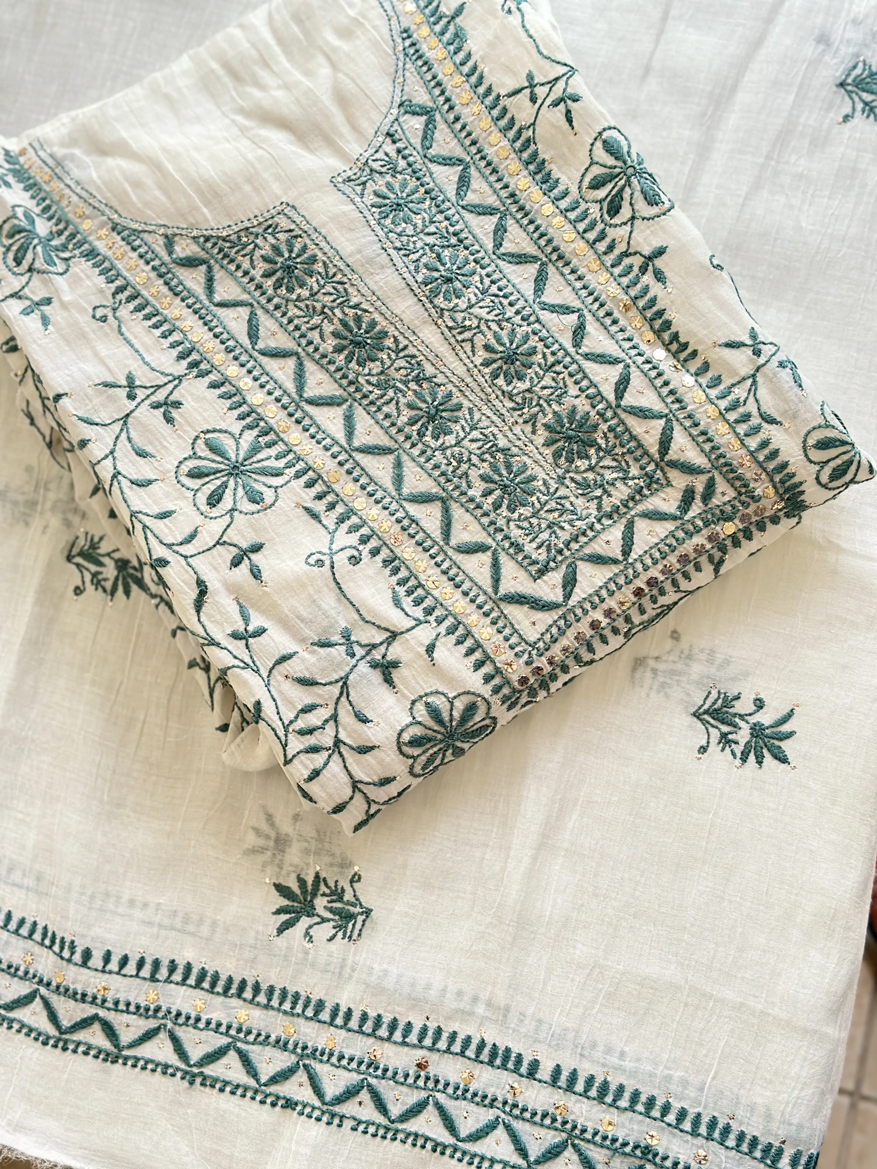 Riwa Semi Stitched Front Jaal Mul Chanderi Kurta and Dupatta Set