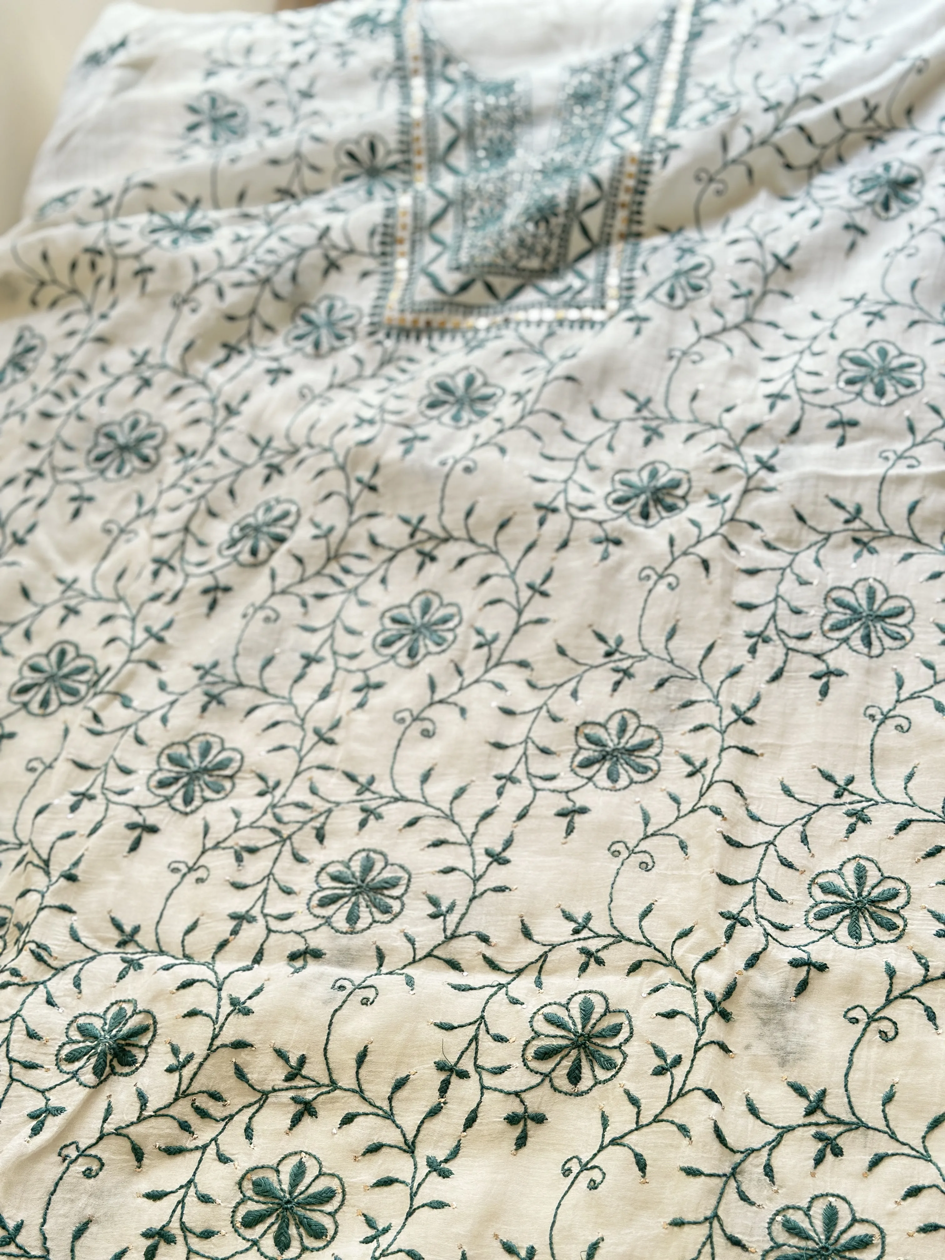 Riwa Semi Stitched Front Jaal Mul Chanderi Kurta and Dupatta Set