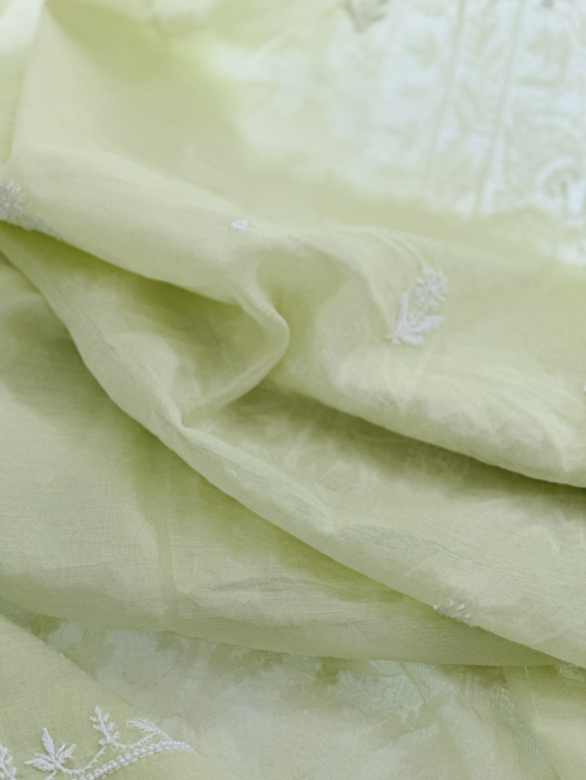 Shambhavi Green Mul Chanderi Chikan Kurta and Pearl Kurta and Dupatta Unstitched Set