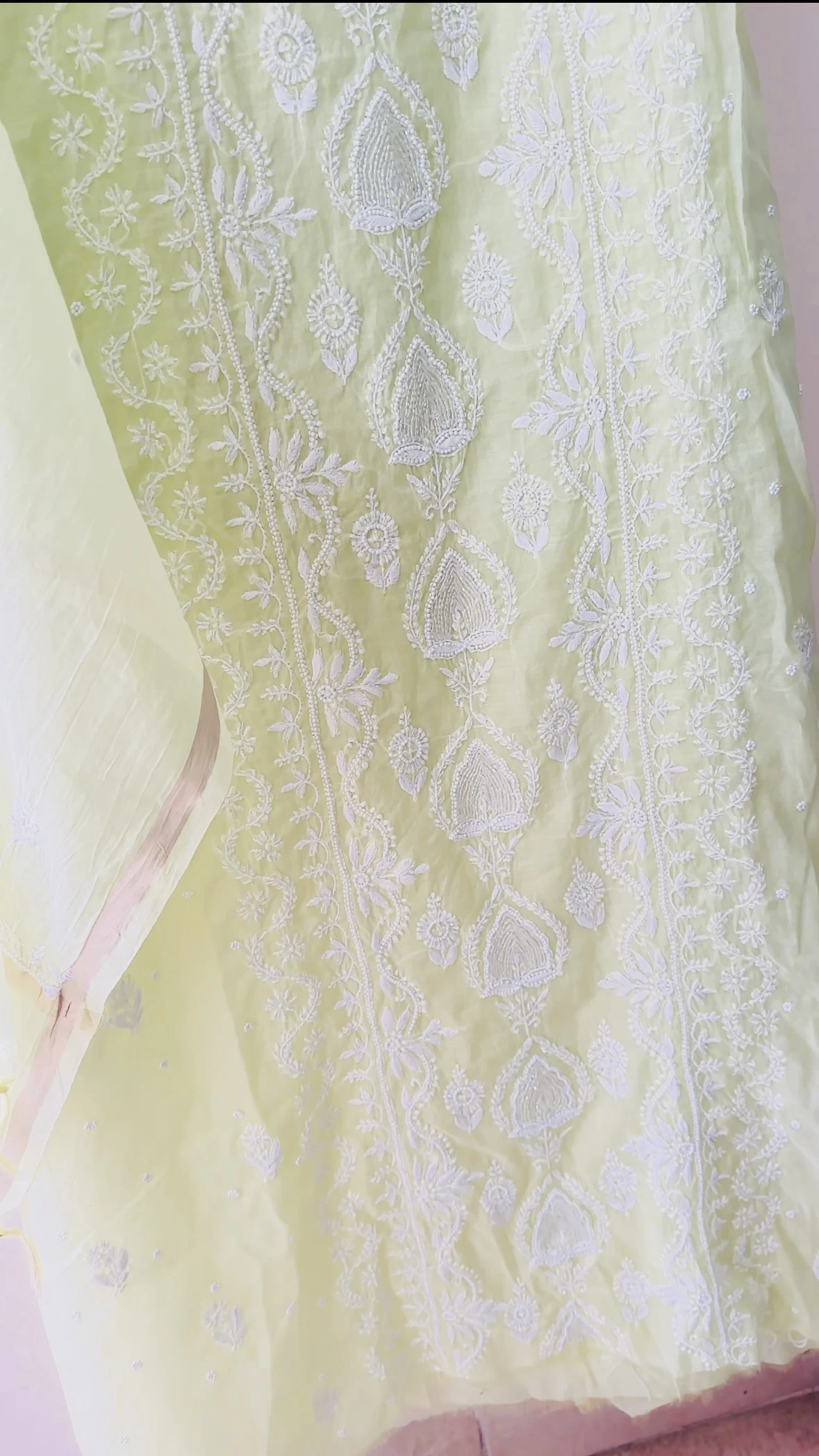 Shambhavi Green Mul Chanderi Chikan Kurta and Pearl Kurta and Dupatta Unstitched Set