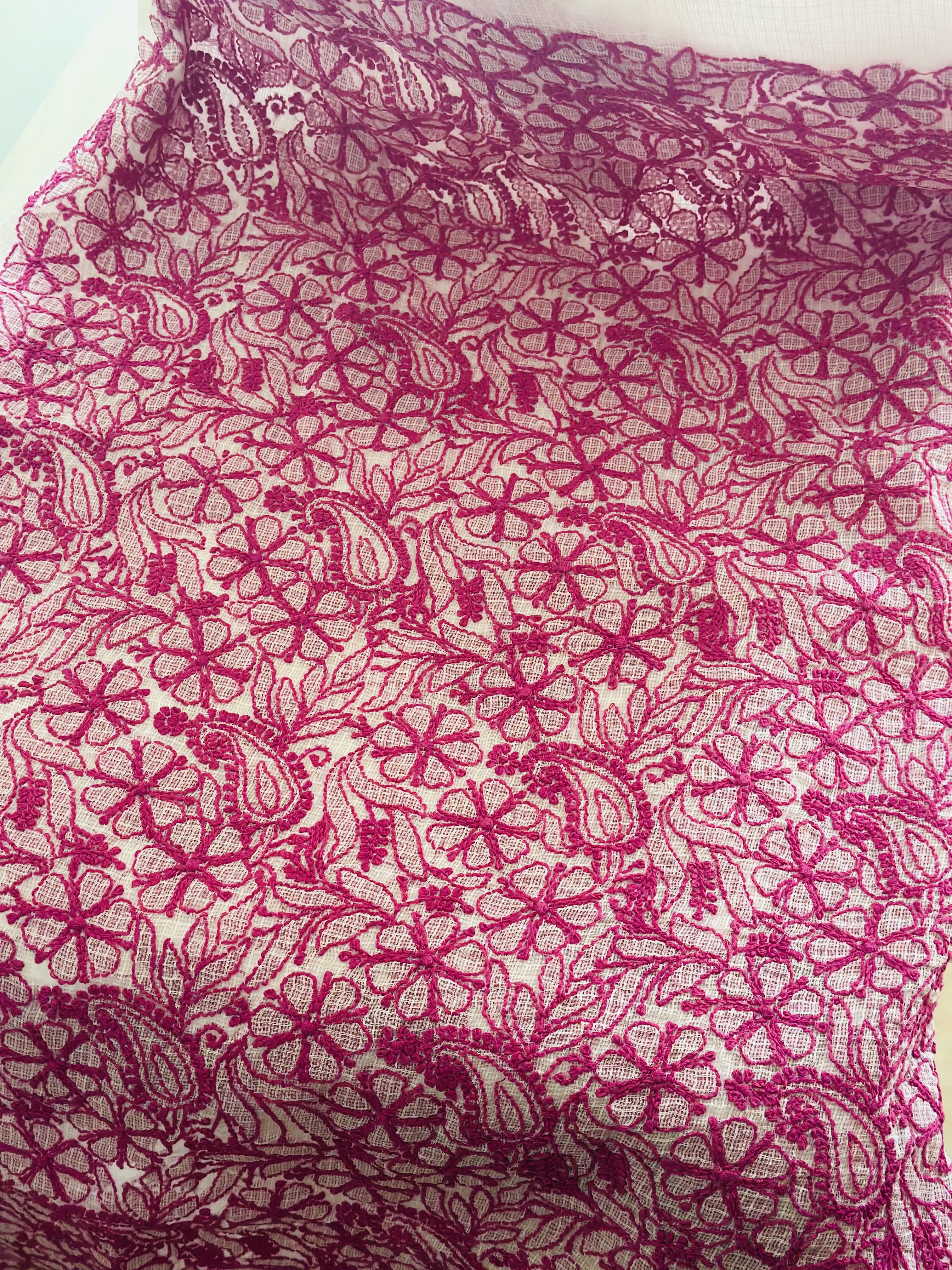 Pure Kota Cotton Hot Pink Jaal Chikan Work Kurta and Dupatta Set