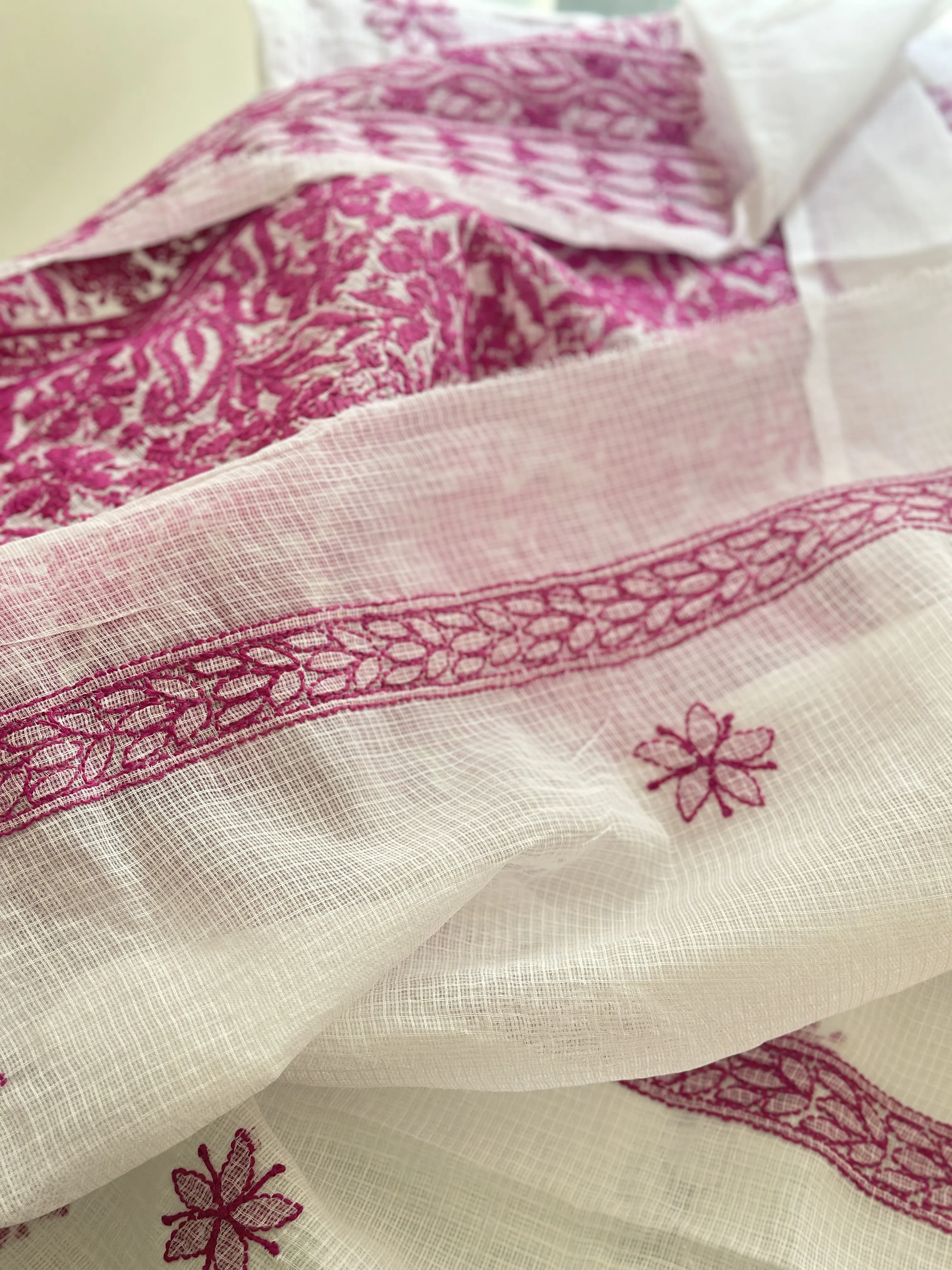 Pure Kota Cotton Hot Pink Jaal Chikan Work Kurta and Dupatta Set