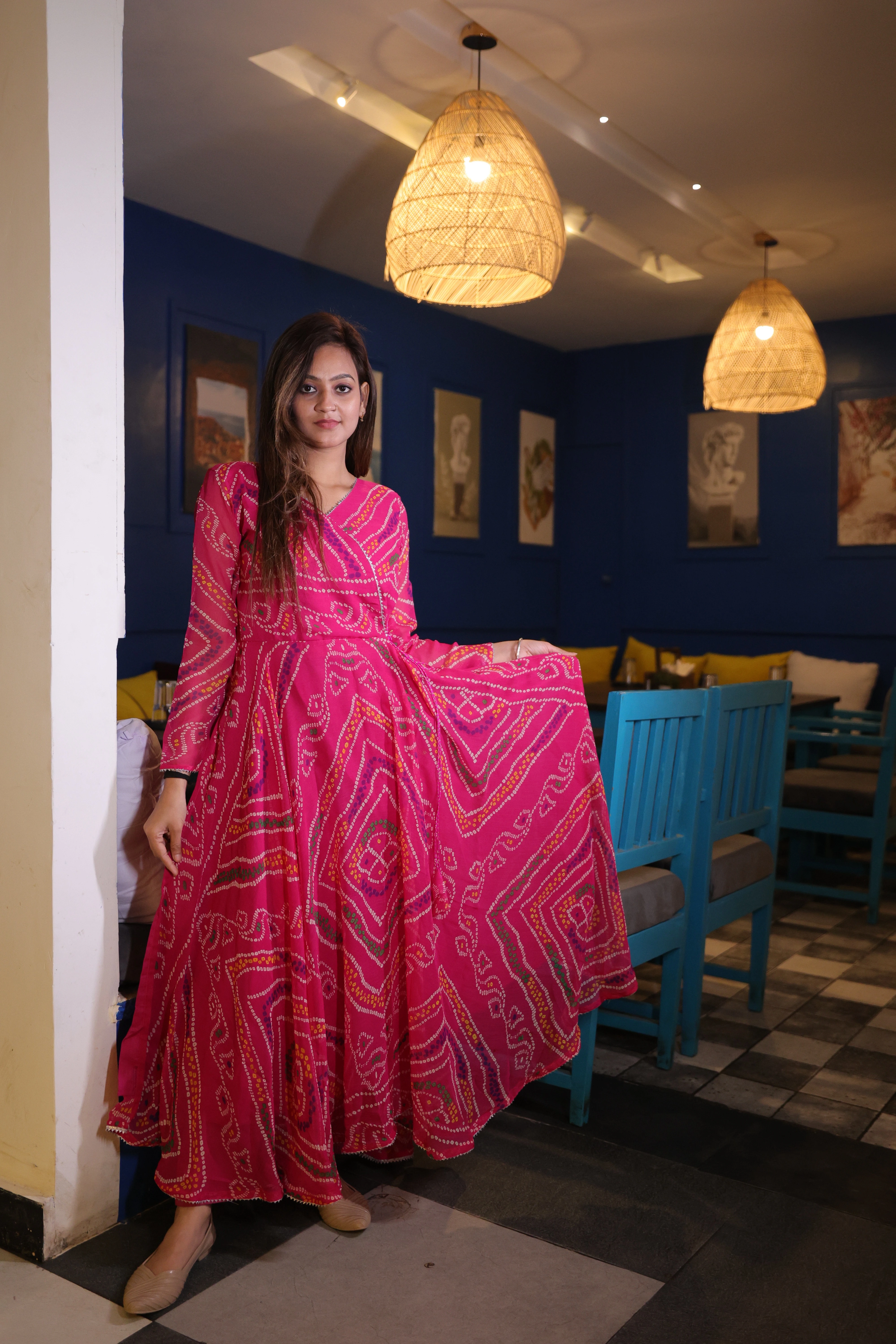 Pari Anarkali Chiffon Leheriya Kurta and Pant Set