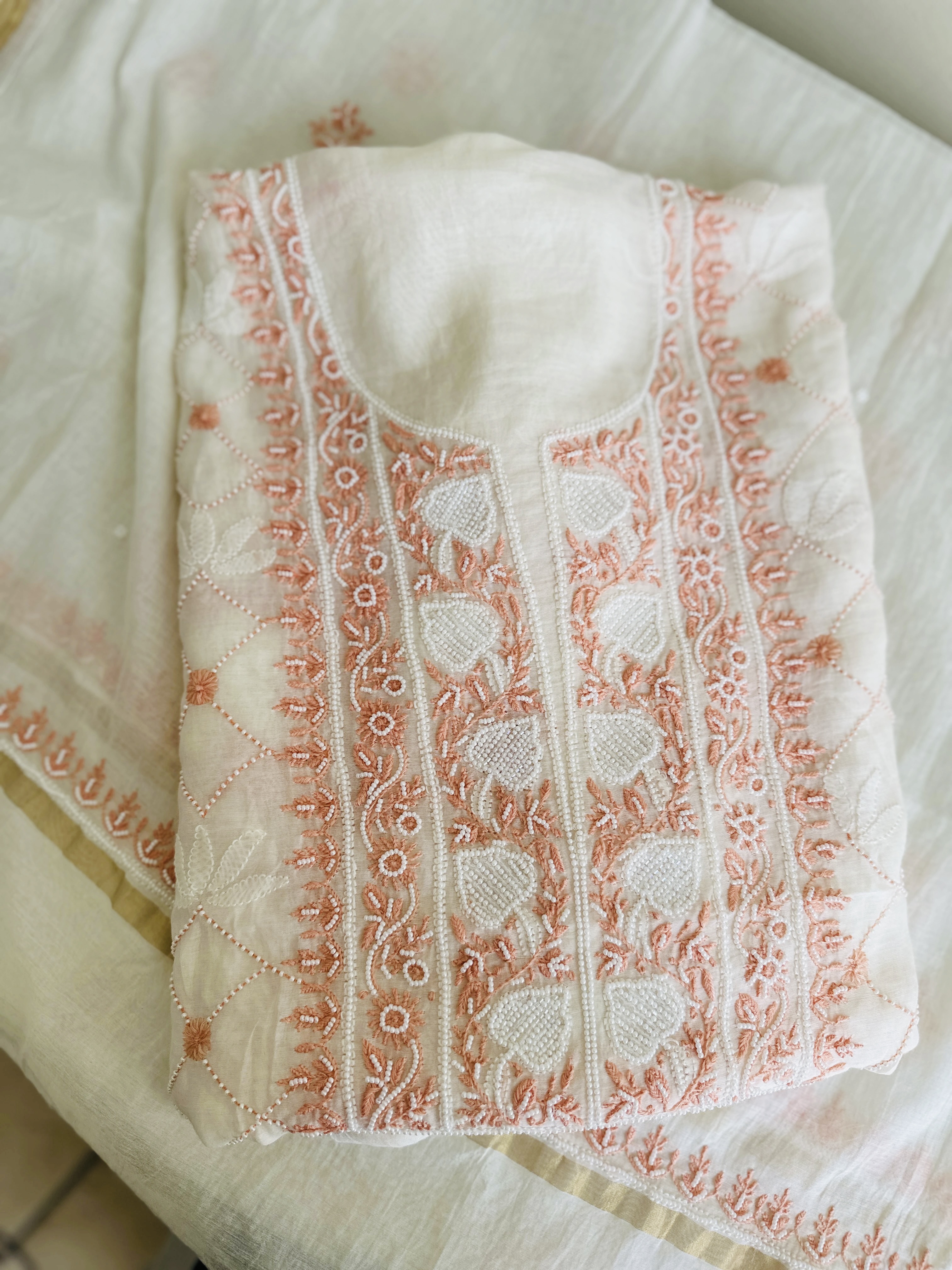 White Jaal Chikan Sequin and Orange Pearl Work Kurta and Dupatta Set