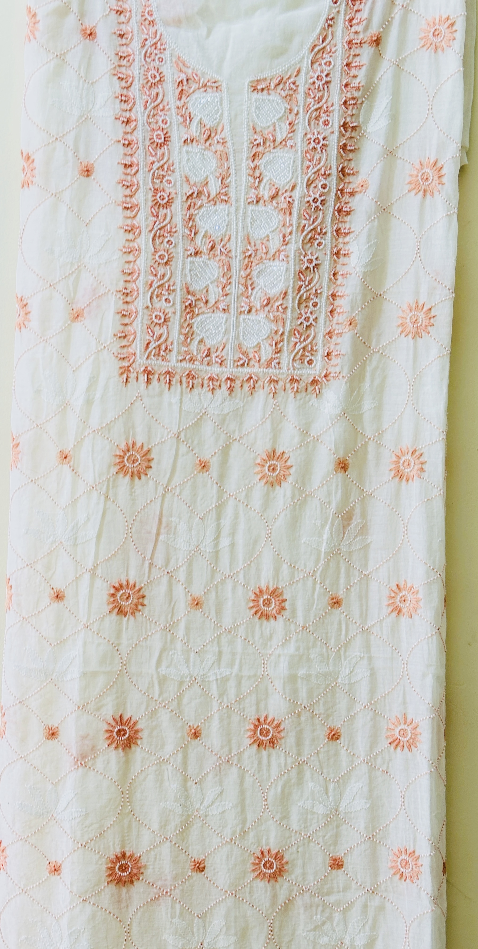 White Jaal Chikan Sequin and Orange Pearl Work Kurta and Dupatta Set