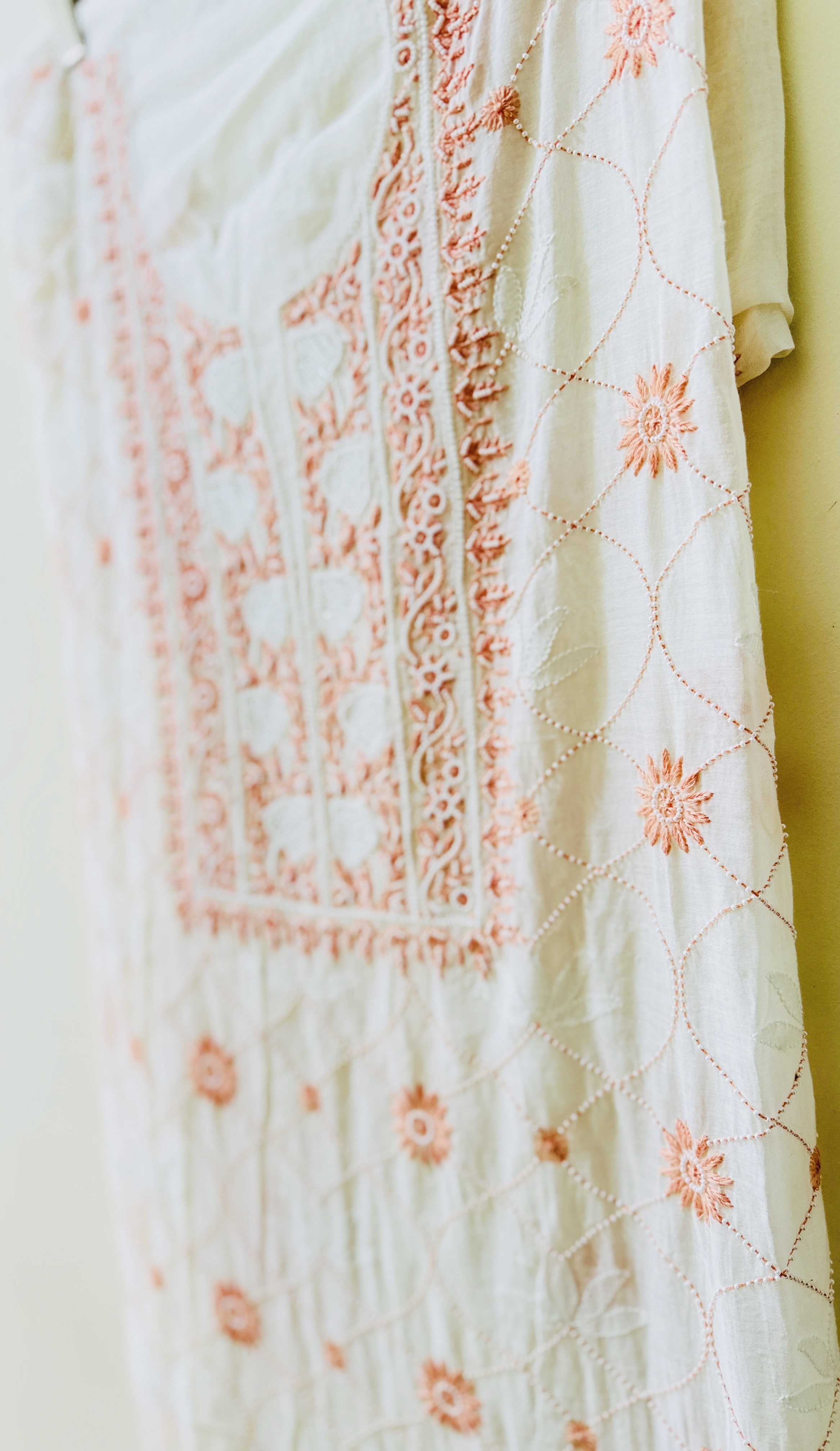 White Jaal Chikan Sequin and Orange Pearl Work Kurta and Dupatta Set