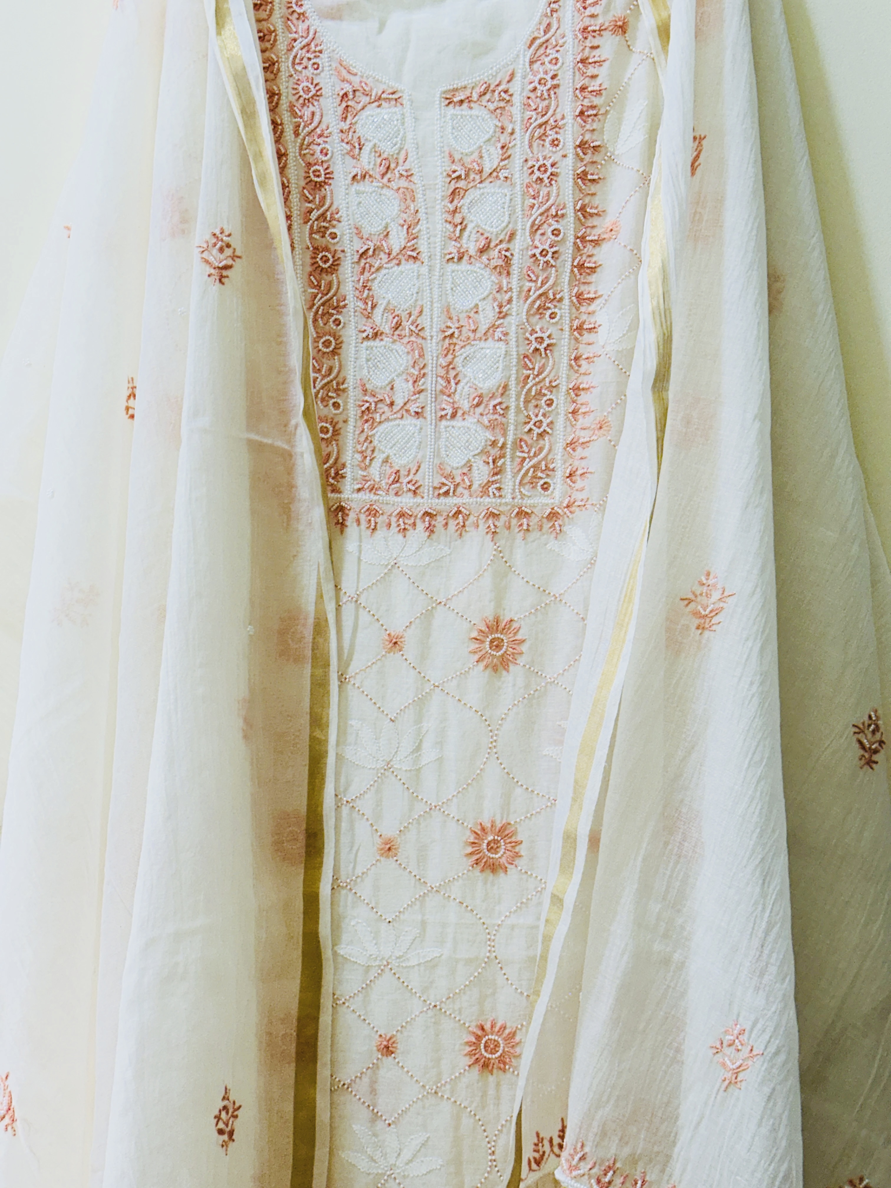 White Jaal Chikan Sequin and Orange Pearl Work Kurta and Dupatta Set